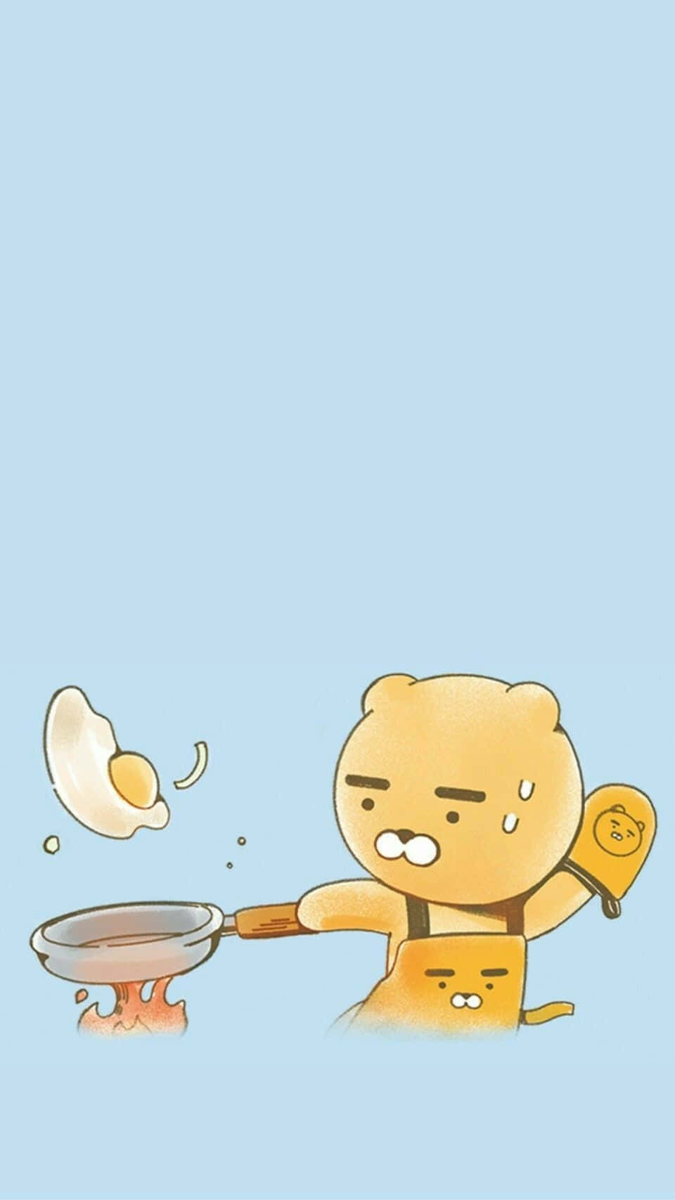 鎖屏 桌布 壁紙 — 一隻穿著圍裙的可愛黃色小熊，努力在火焰升起的平底鍋中翻轉煎蛋。