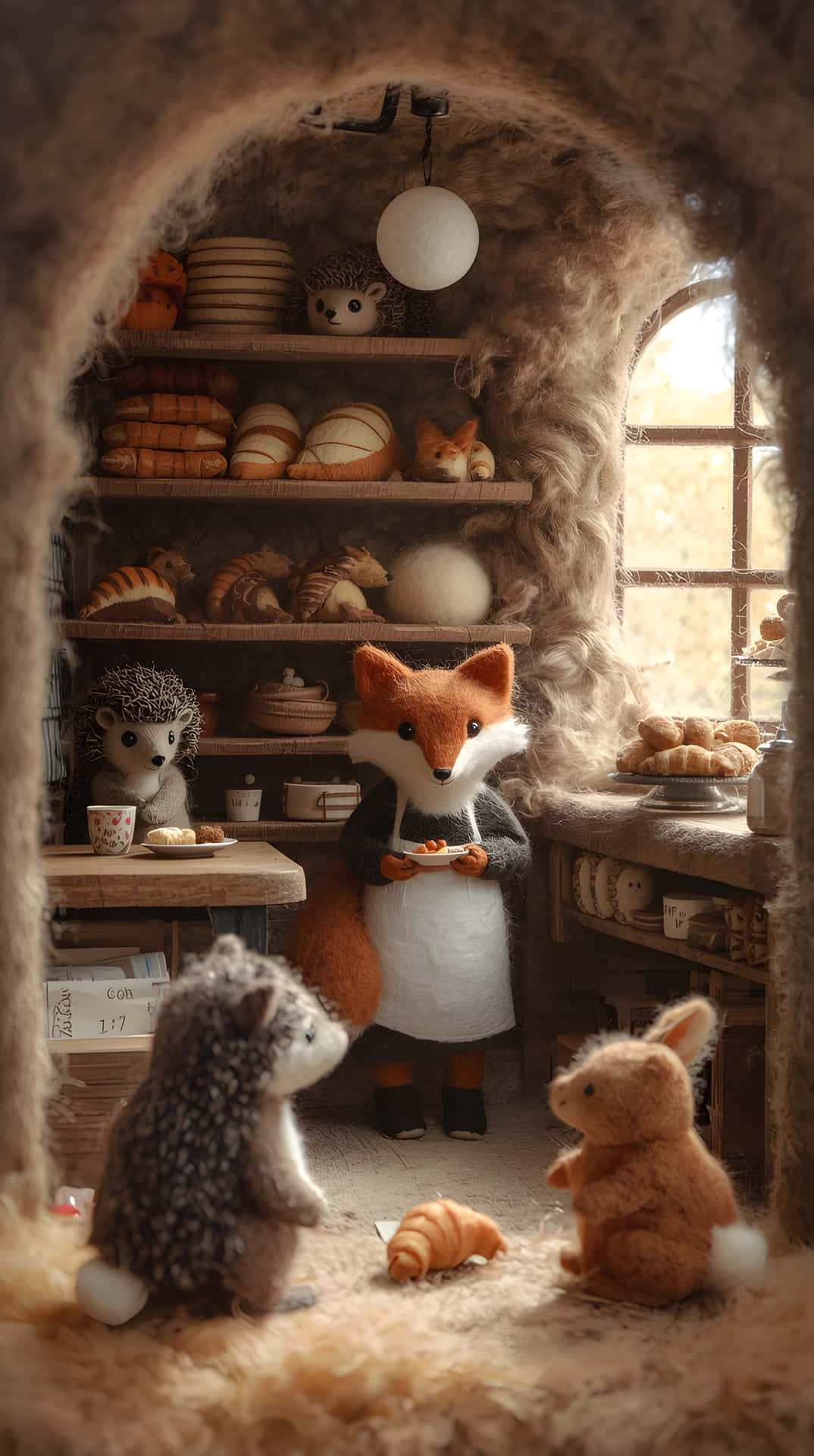 Cute Animal Friends in a Shop 壁紙 — 一隻穿著圍裙的狐狸在一個舒適的鄉村麵包店裡，為刺蝟和一隻兔子提供糕點，店內有麵包架和溫暖的燈光。