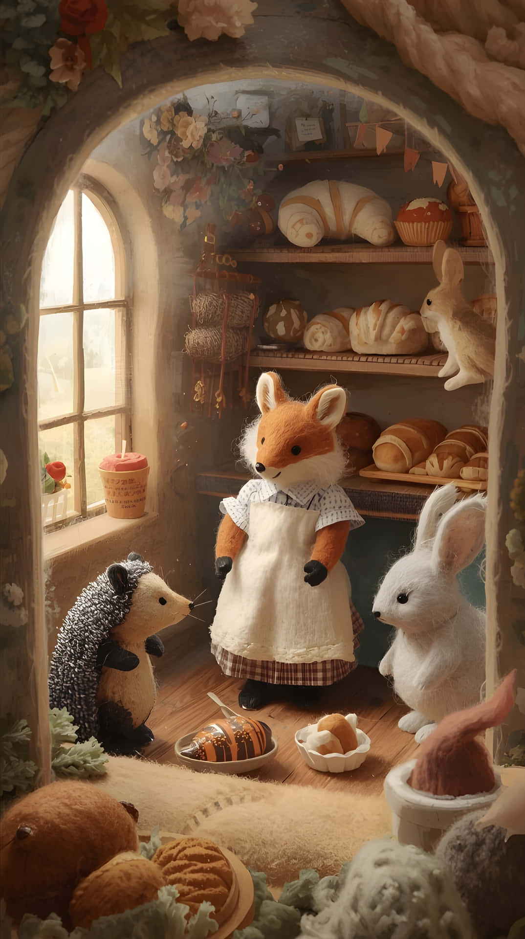 Fox and Rabbit Baking 壁紙 — 一隻穿著圍裙的狐狸在一個舒適的麵包店裡，有拱形窗戶和擺滿糕點的架子，向刺蝟和兔子提供麵包。