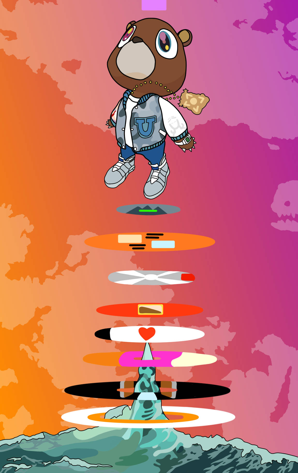kanye west graduation iPhone 桌布 壁紙 — 一隻穿著外套的卡通熊漂浮在色彩繽紛的浮動平台堆疊之上，下方是山區景觀。