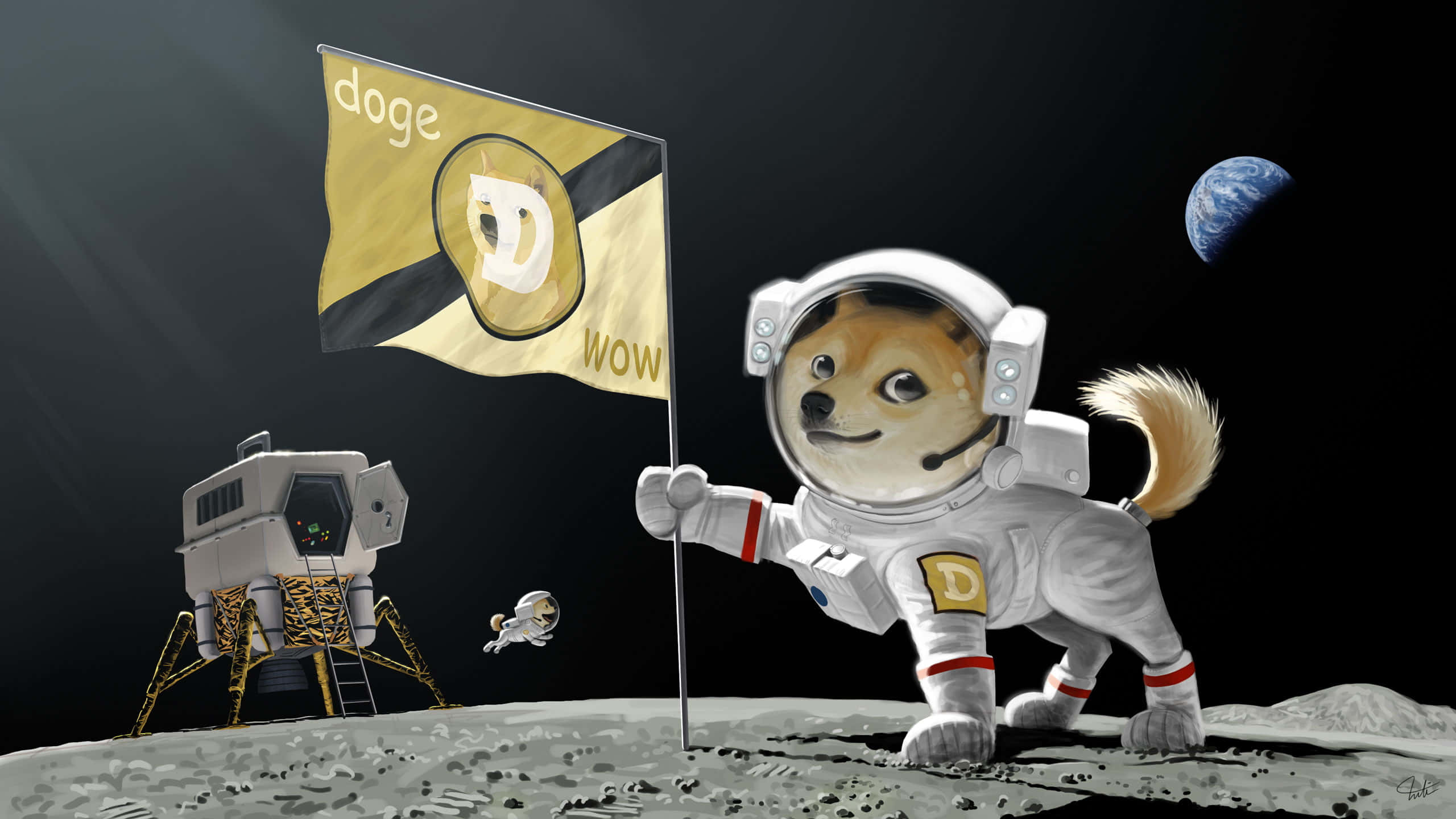 meme 桌布 壁紙 — 一隻穿著太空衣的卡通狗在月球上插上Dogecoin旗幟，背景可見地球。