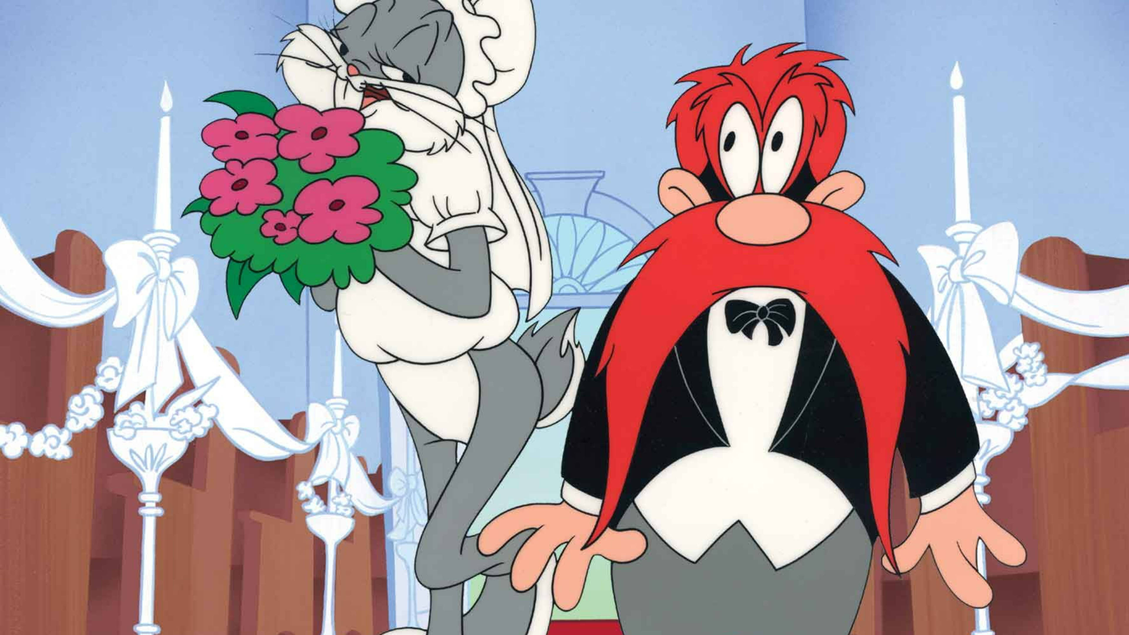 Yosemite Sam 桌布 壁紙 — 一隻穿著婚紗的卡通兔拿著花，而一個穿著燕尾服的紅髮男人看起來很驚訝。