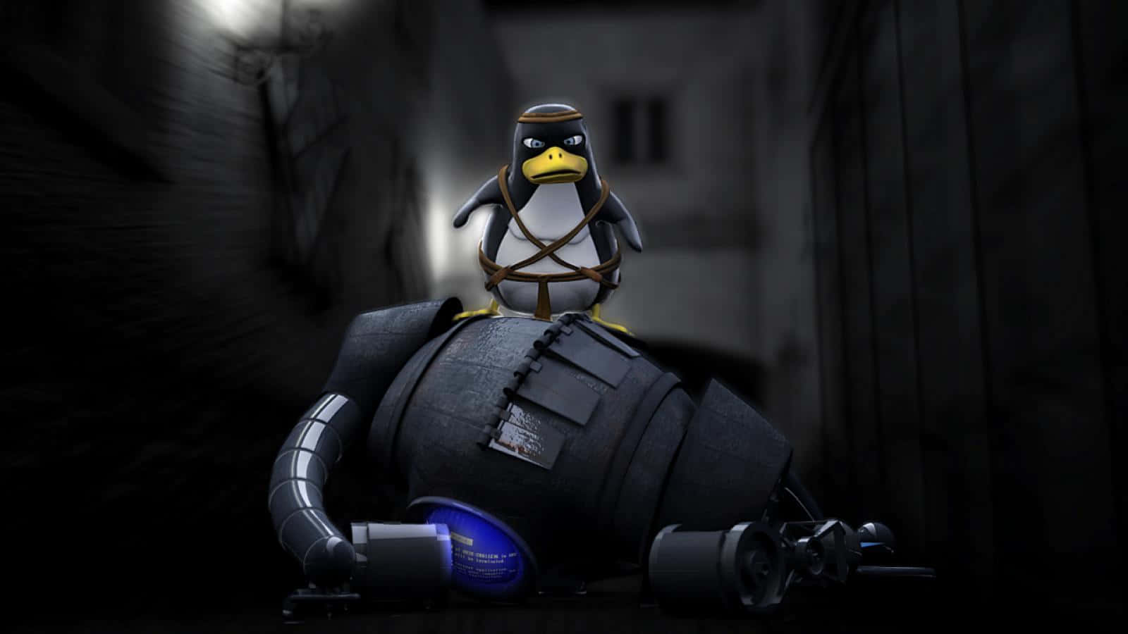 Penguin Tux 桌布 壁紙 — 一隻穿著安全帶的卡通企鵝棲息在昏暗小巷中一個倒下的機器人上。