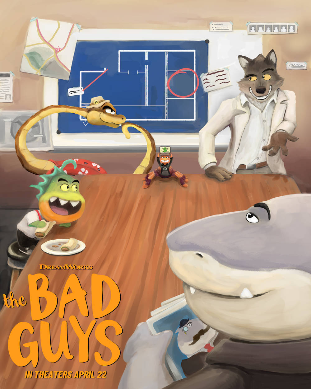 bad 桌布 壁紙 — 一隻穿著實驗室外套的卡通狼站在一張桌子後面，桌子上有一條蛇、一隻綠色怪物和一隻正在閱讀雜誌的鯊魚。