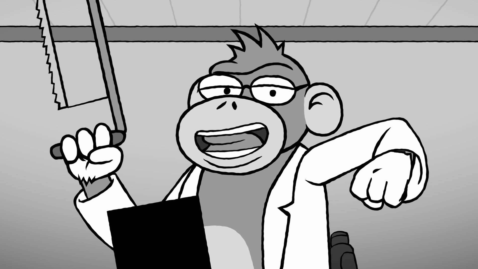 Animated 桌布 壁紙 — 一隻穿著實驗袍的卡通猴子，在單色設定中帶著狂躁的笑容拿著鋸子。