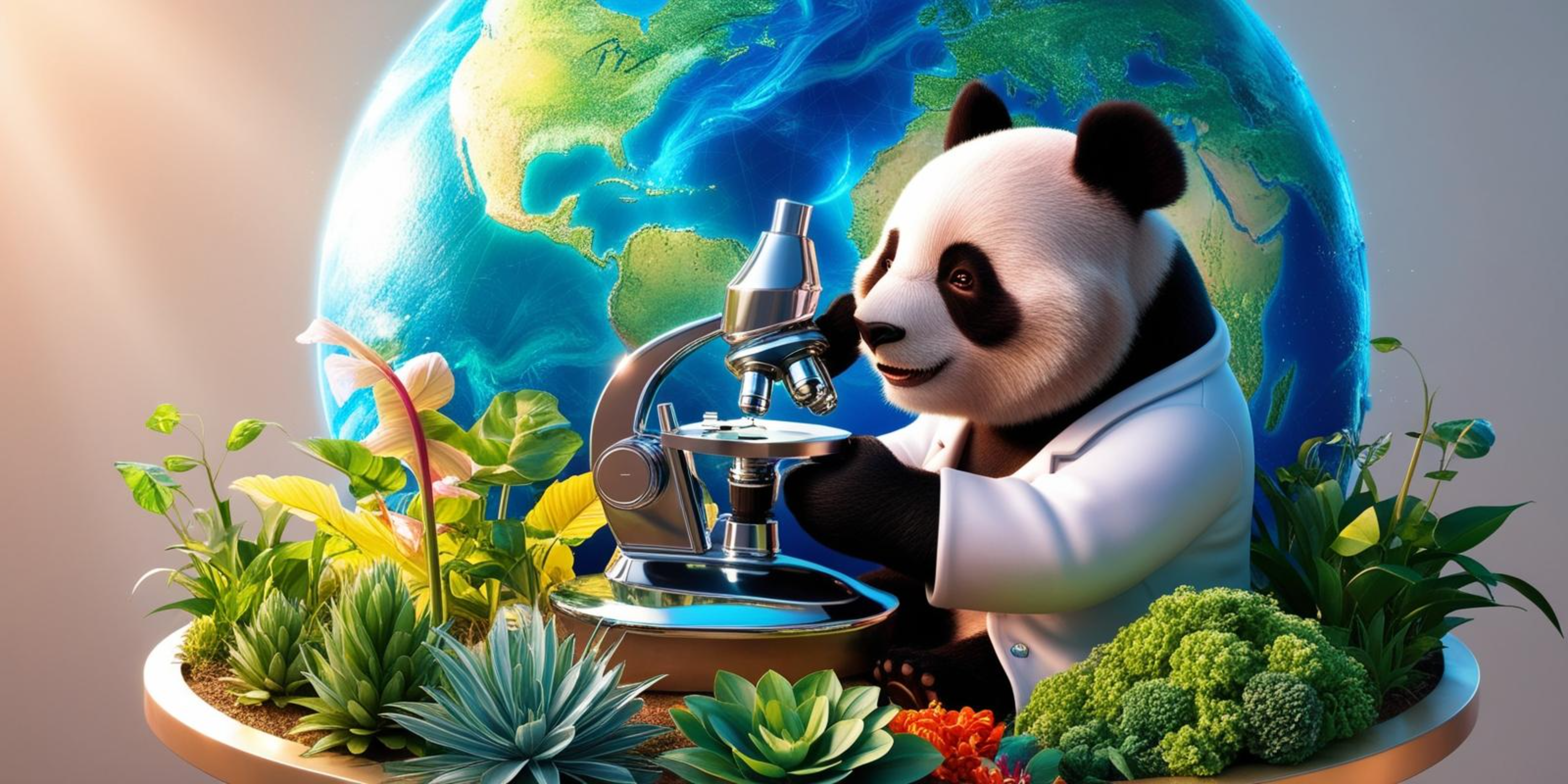 熊貓 桌布 壁紙 — 一隻穿著實驗袍的熊貓科學家正在用顯微鏡檢查植物，背後有一個發光的地球。