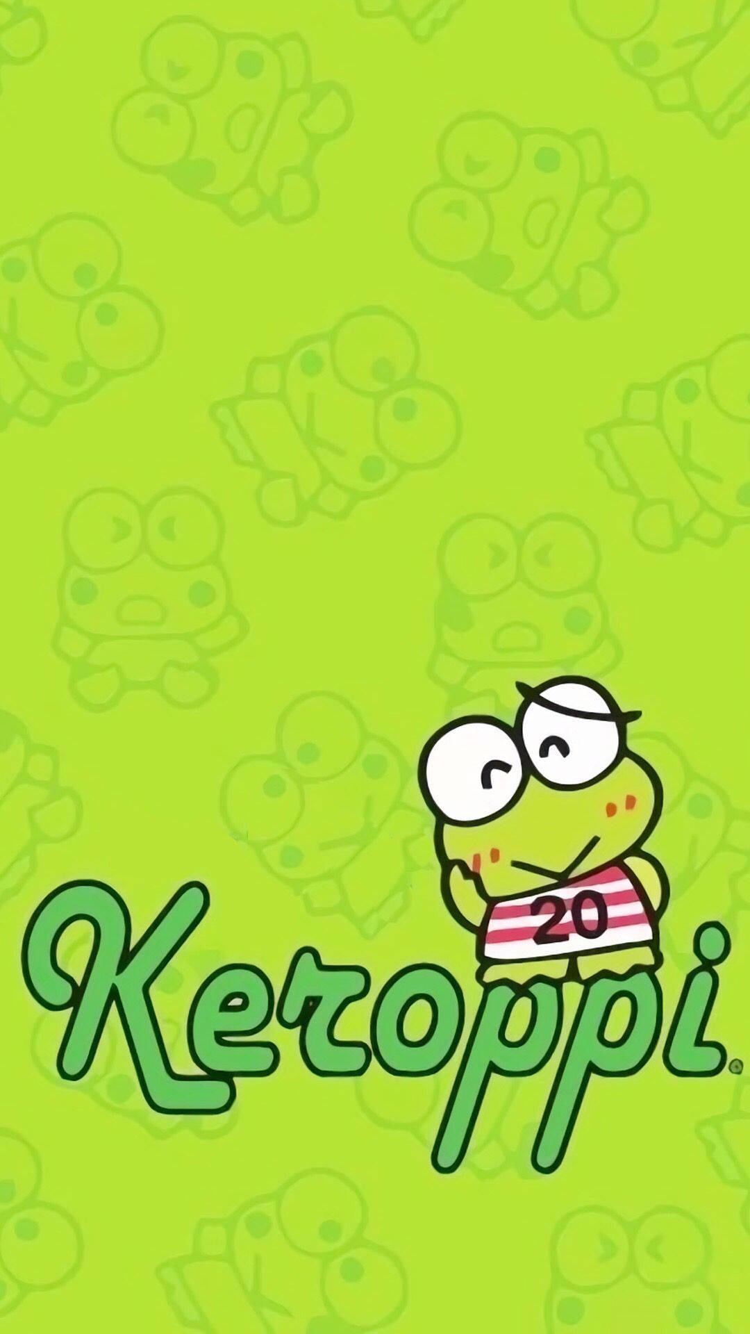 Keroppi 桌布 壁紙 — 一隻穿著帶有數字20條紋襯衫的快樂綠色青蛙角色，站在明亮的萊姆綠色背景前，背景上有重複的模糊青蛙輪廓。