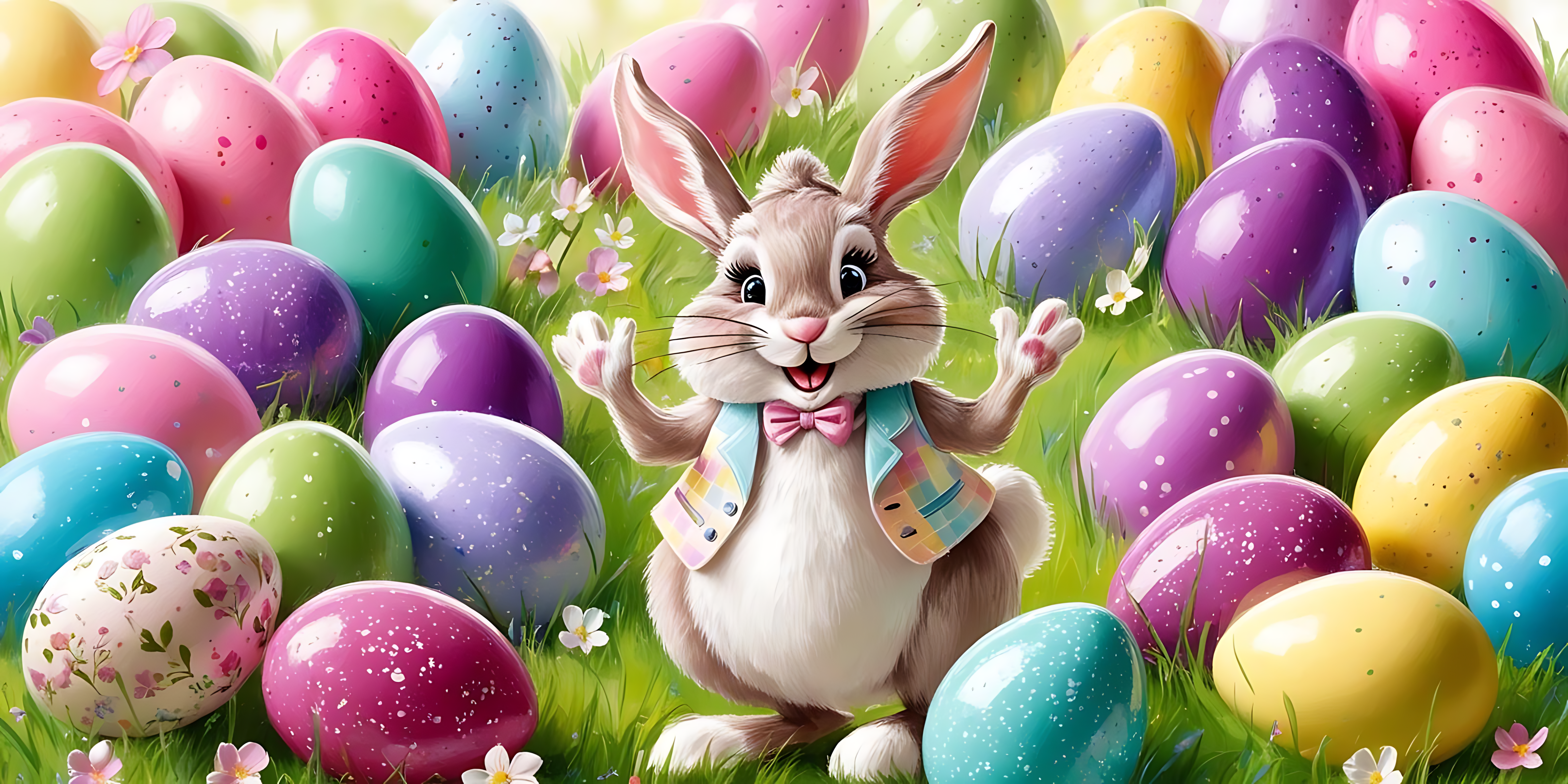 Eggs 桌布 壁紙 — 一隻穿著彩虹背心的快樂卡通兔子在充滿色彩斑斕斑點復活蛋和小花的田野中愉快地揮手。