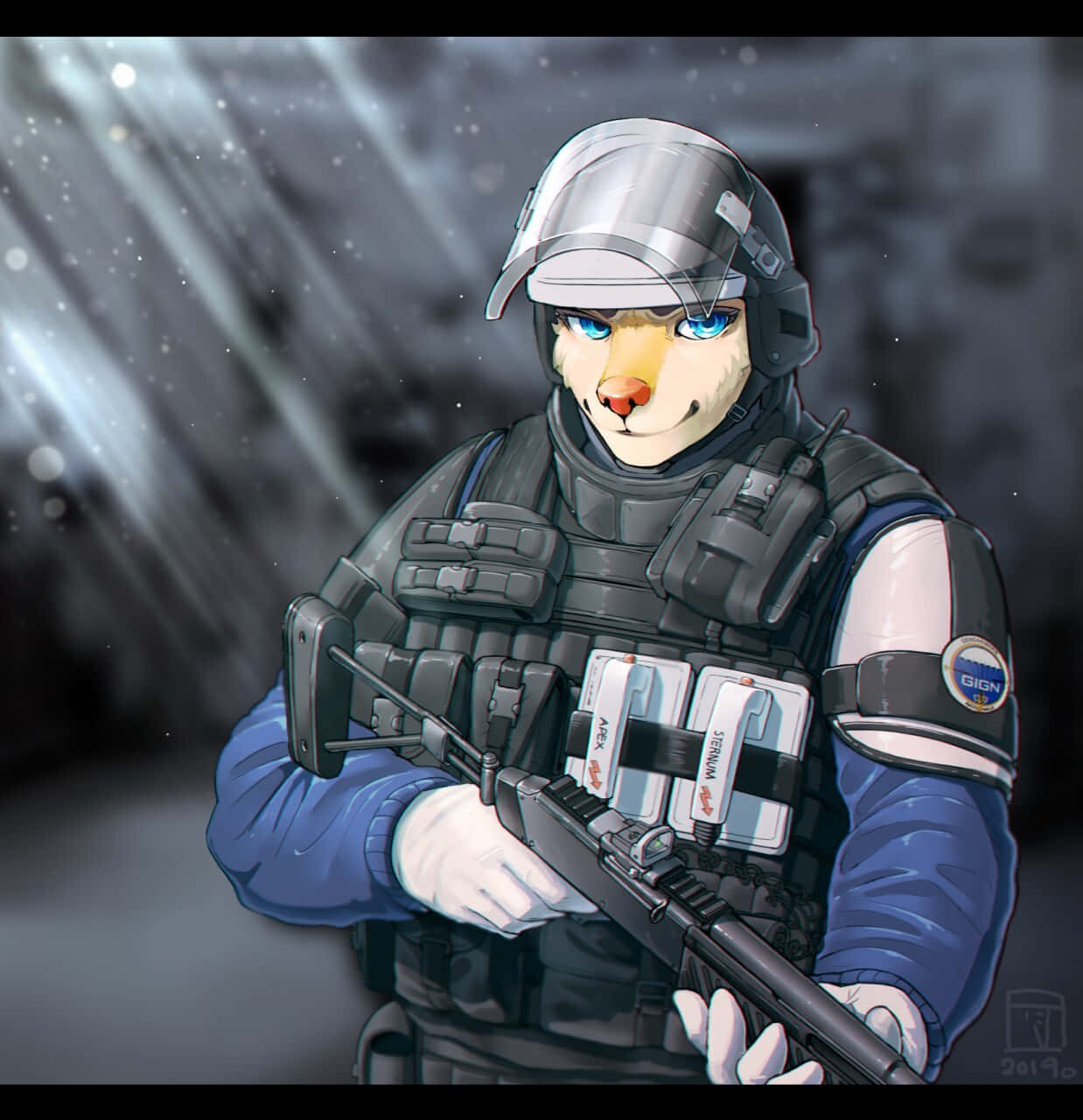 Rainbow Six Siege Doc 桌布 壁紙 — 一隻穿著戰術裝備的貓士兵在戲劇性的光束下，於粗糙的城市環境中手持步槍。