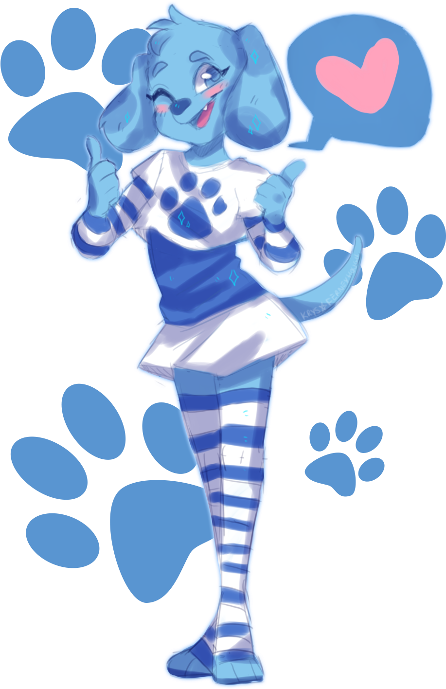 Blues Clues 桌布 壁紙 — 一隻穿著條紋衣服的開心藍色擬人狗，豎起兩個大拇指，周圍有爪印和心形對話氣泡。