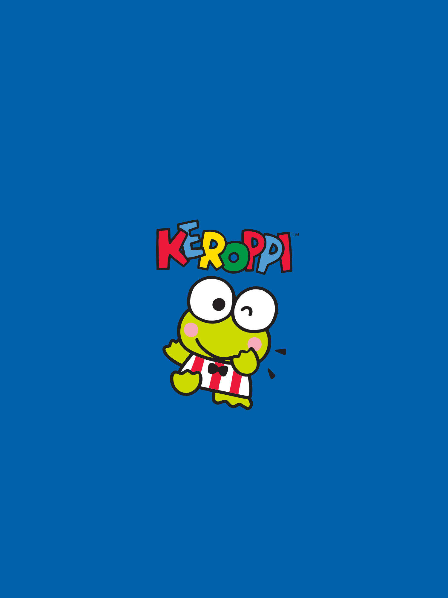 Keroppi 桌布 壁紙 — 一隻穿著條紋襯衫和蝴蝶結的快樂綠色青蛙角色在純藍色背景上微笑，上方有彩色 'KEROPPI' 文字。