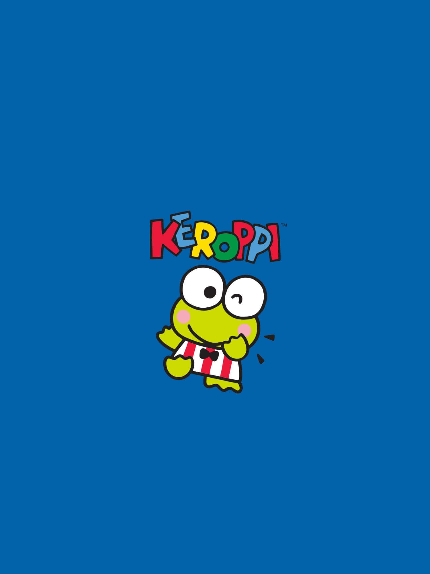 Keroppi 桌布 壁紙 — 一隻穿著條紋襯衫和領結的快樂綠色青蛙角色，在純藍色背景上微笑，上方有色彩繽紛的「KEROPPI」文字。