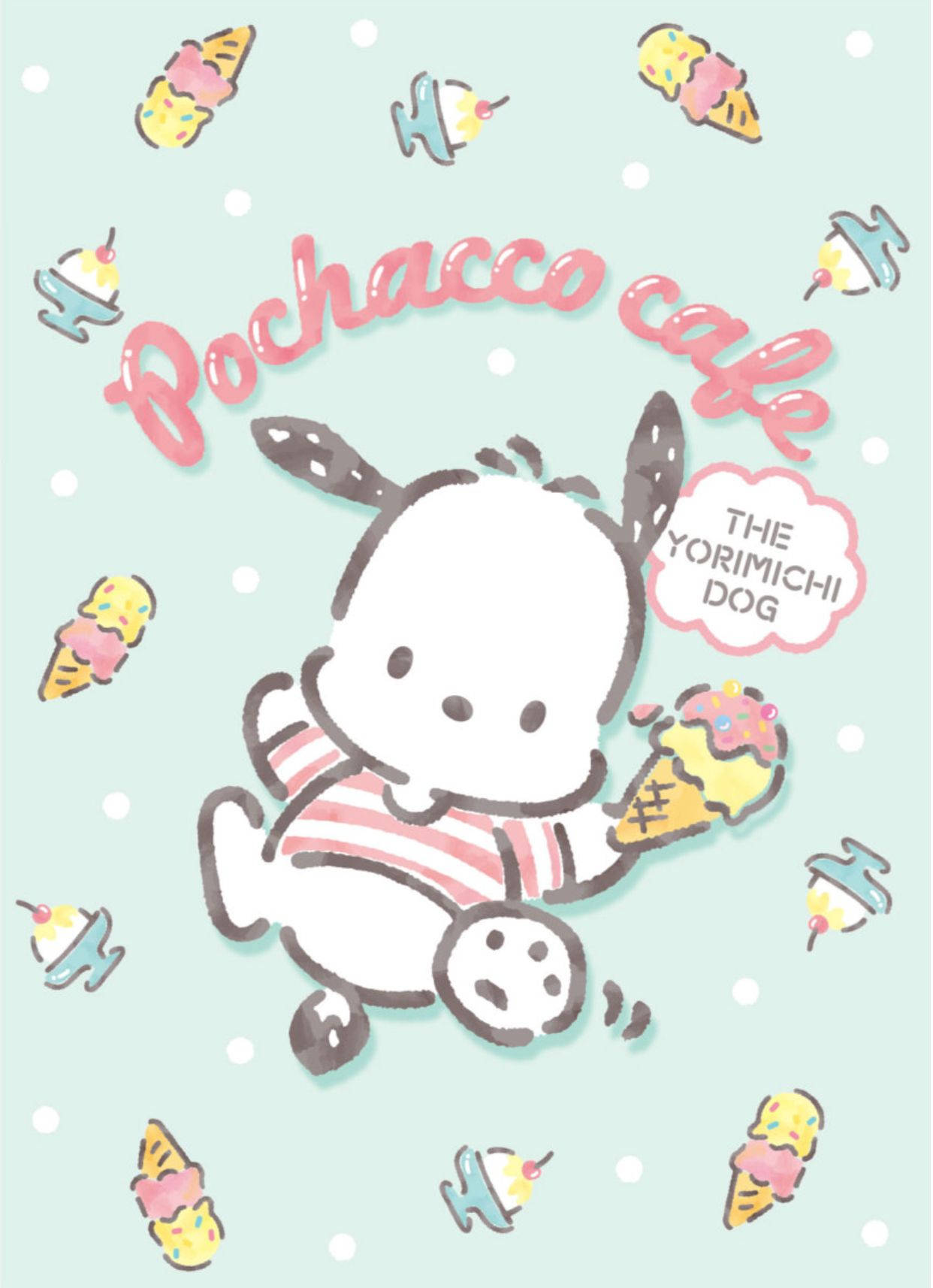 Pochacco 桌布 壁紙 — 一隻穿著條紋襯衫的可愛卡通狗，在點綴著漂浮冰淇淋甜點的薄荷綠色背景前，快樂地拿著一個冰淇淋甜筒。