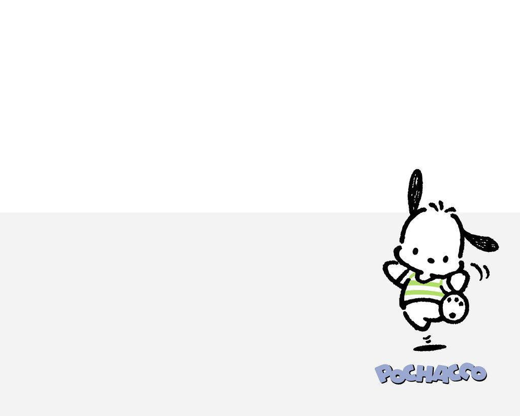 Pochacco 桌布 壁紙 — 一隻穿著條紋襯衫的可愛卡通狗角色，在極簡的雙色背景下，帶著歡樂的能量踢足球。