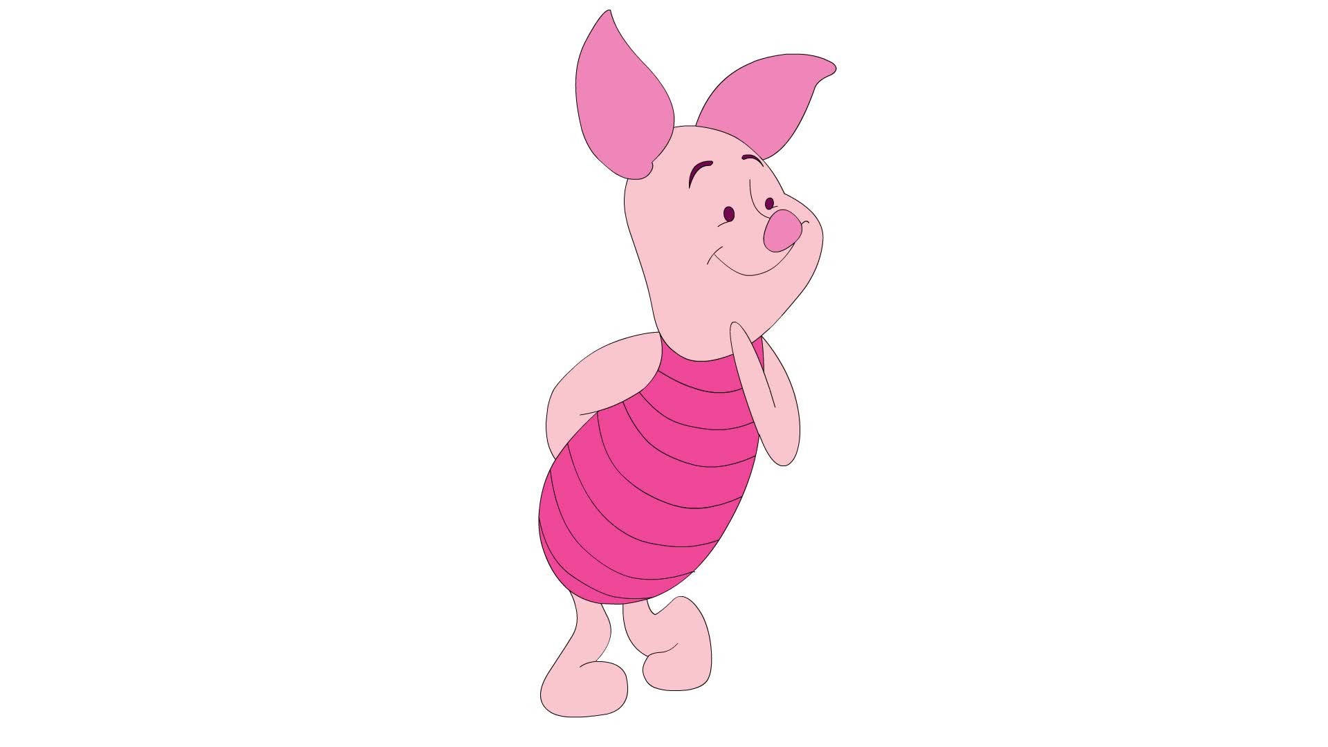 Piglet 桌布 壁紙 — 一隻穿著條紋襯衫的快樂粉紅色卡通豬，一手托腮，站在純白色背景前。