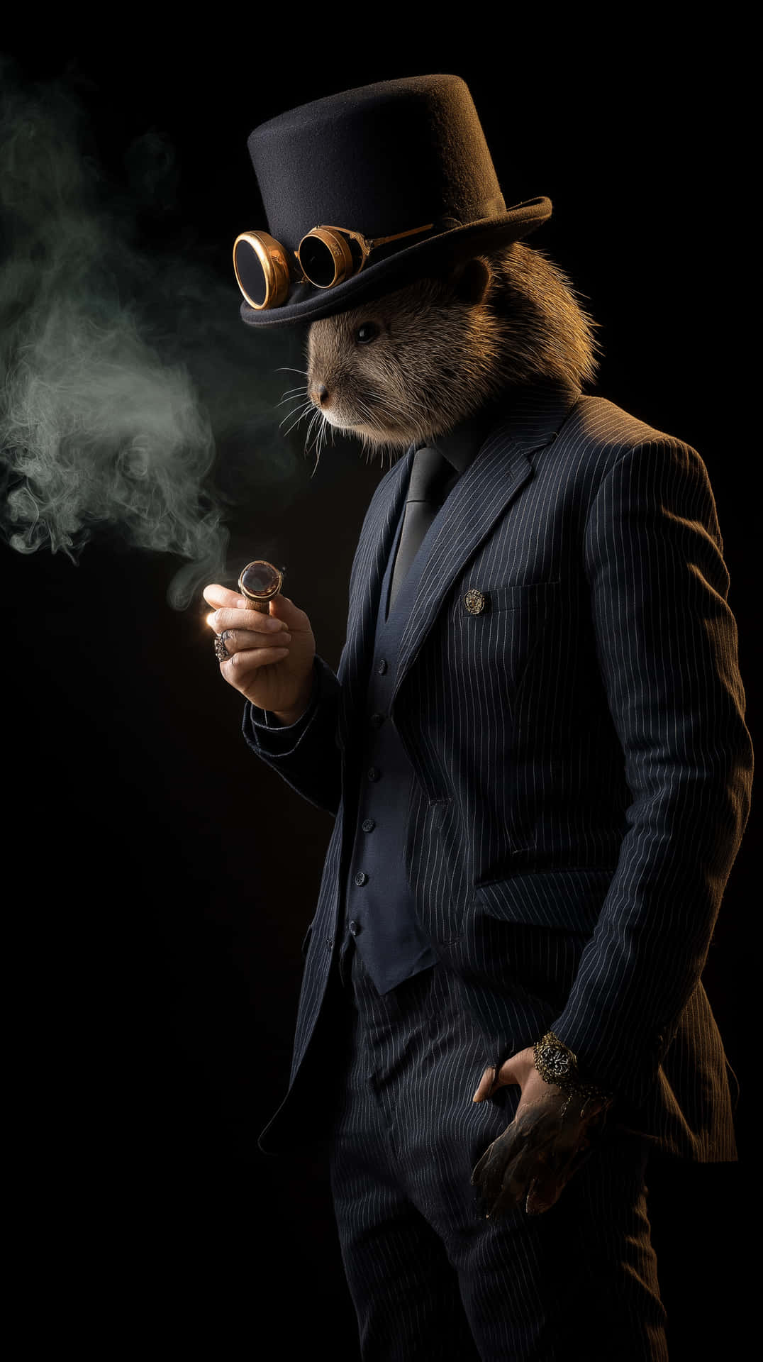 一隻穿著西裝、高帽和護目鏡的老鼠在黑色背景前抽煙斗。 — 時尚 壁紙