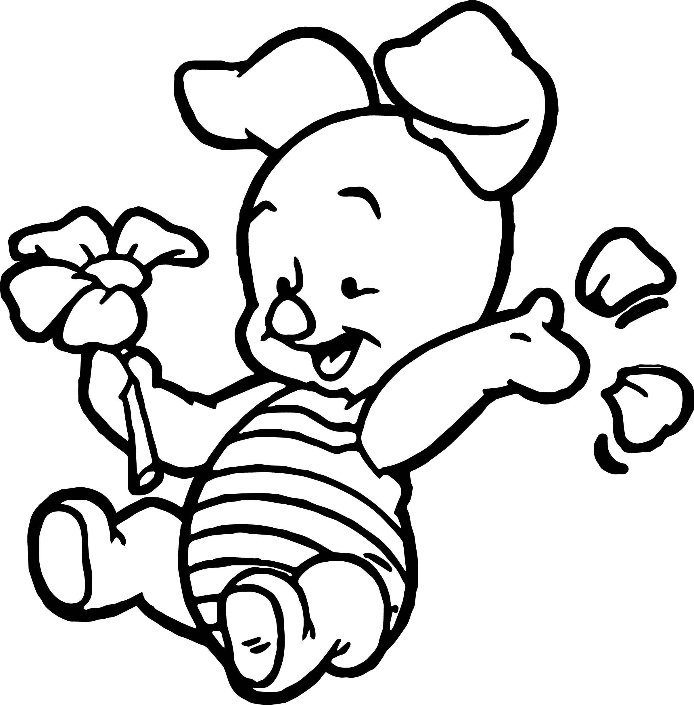 Piglet 桌布 壁紙 — 一隻穿著條紋連身衣的快樂卡通小豬，開心地拿著一朵花，周圍漂浮著俏皮的泡泡。