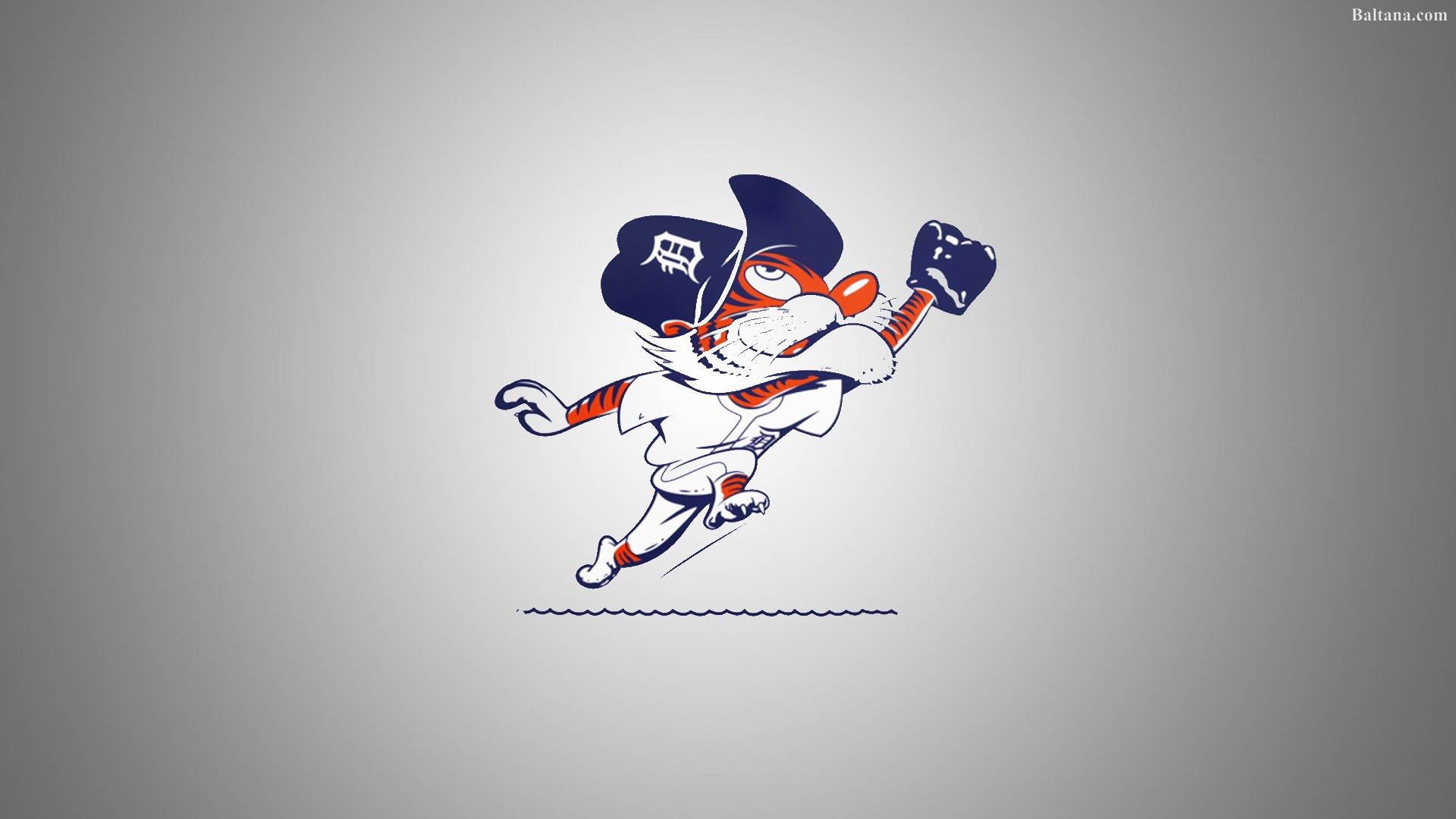 tigers 桌布 壁紙 — 一隻穿著棒球服的卡通老虎在純灰色背景上動態跳躍。