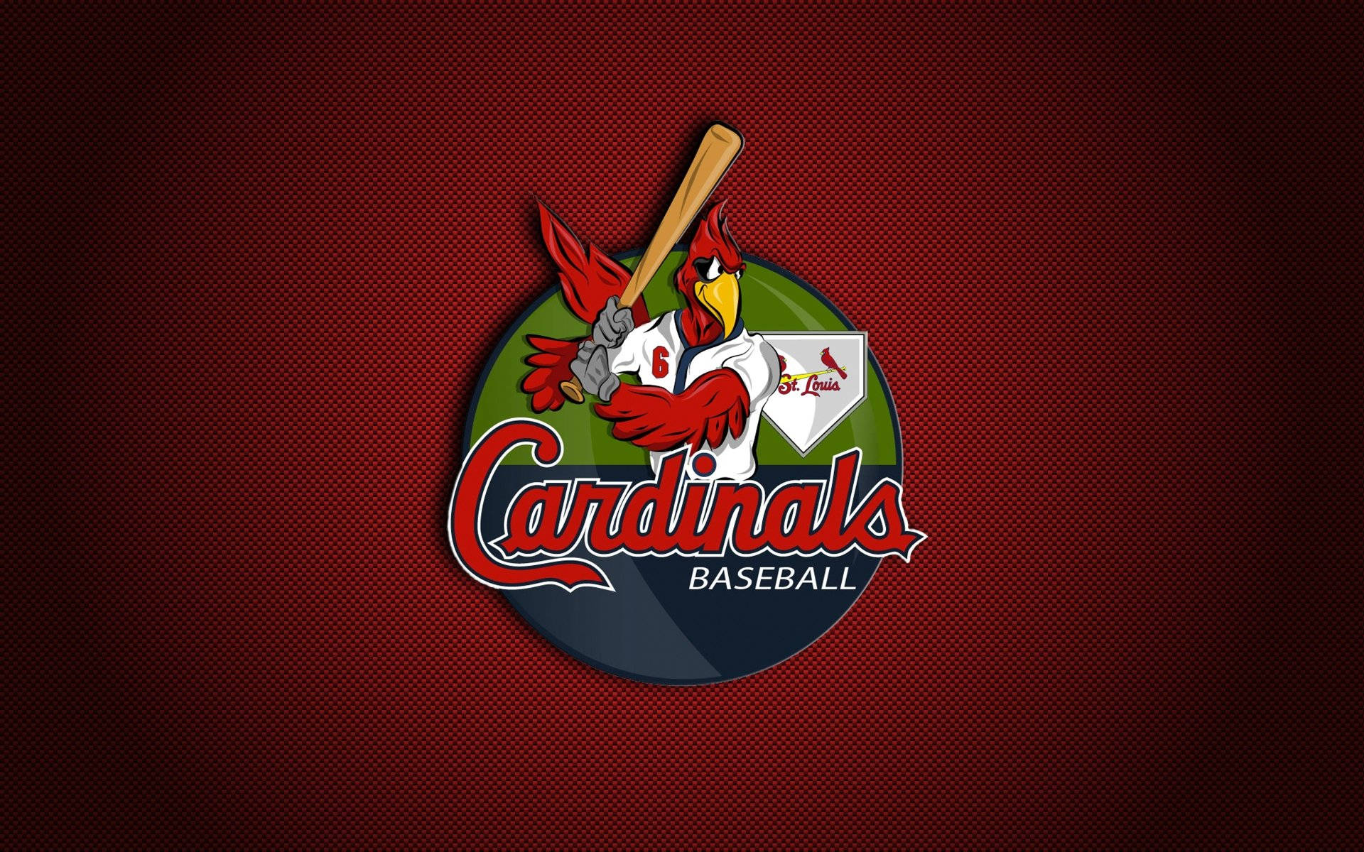 Cardinals 桌布 壁紙 — 一隻穿著棒球服的紅色紅雀吉祥物，在帶有紋理的深紅色背景上，手持球棒，並帶有「Cardinals Baseball」文字。