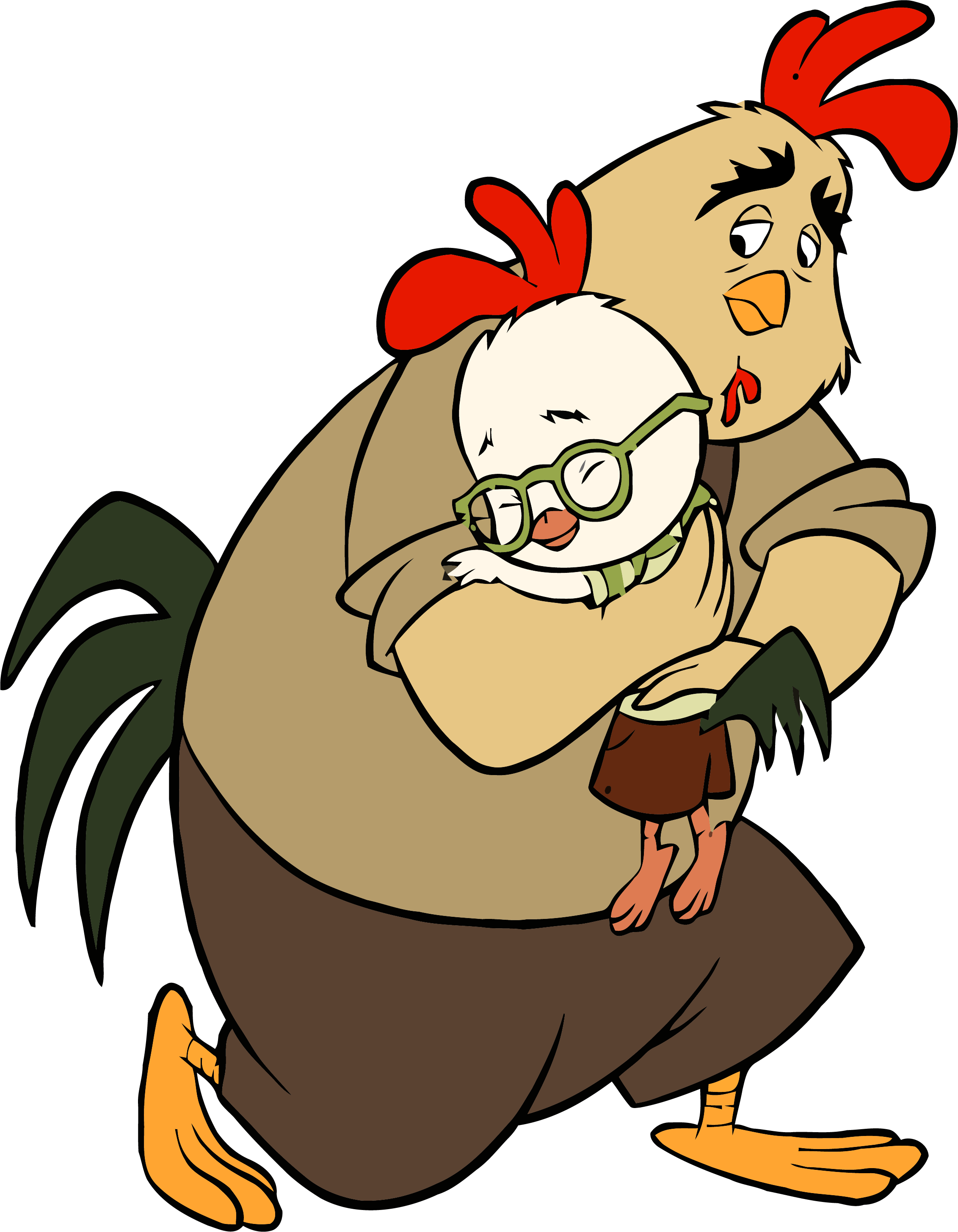 Cartoon 桌布 壁紙 — 一隻穿著棕色長袍的卡通公雞輕輕抱著一隻戴著綠色眼鏡和圍巾的睏倦小雞。