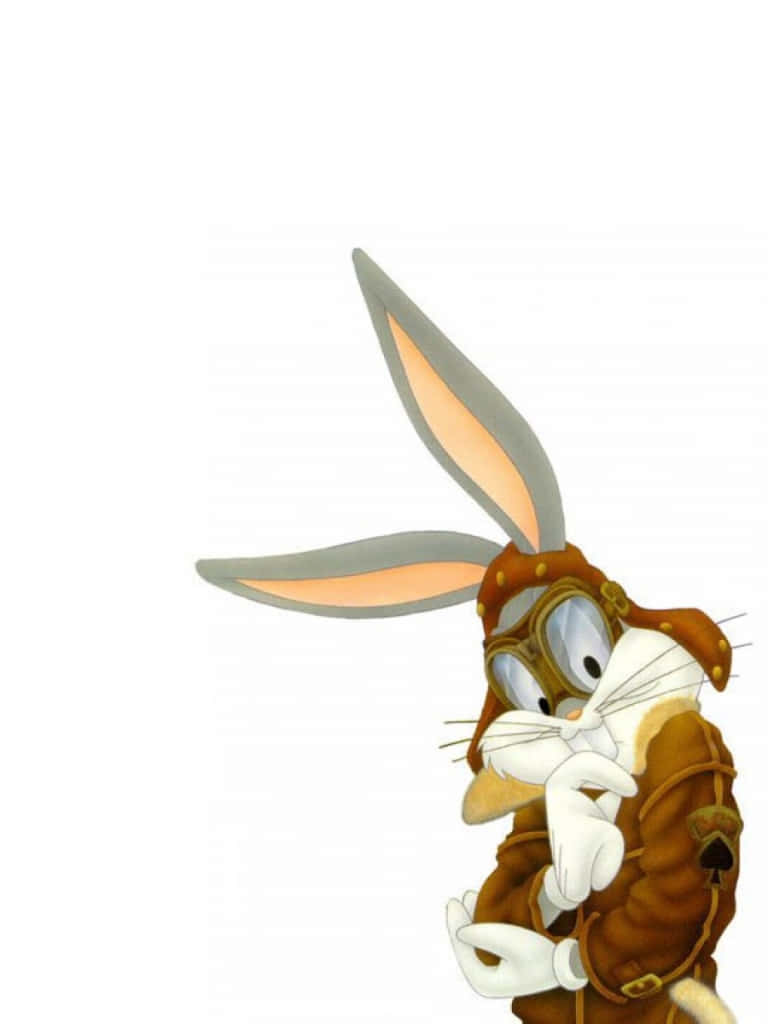 Bugs Bunny Supreme 桌布 壁紙 — 一隻穿著棕色飛行員裝束和護目鏡的卡通兔子在純白色背景前自信地擺姿勢。