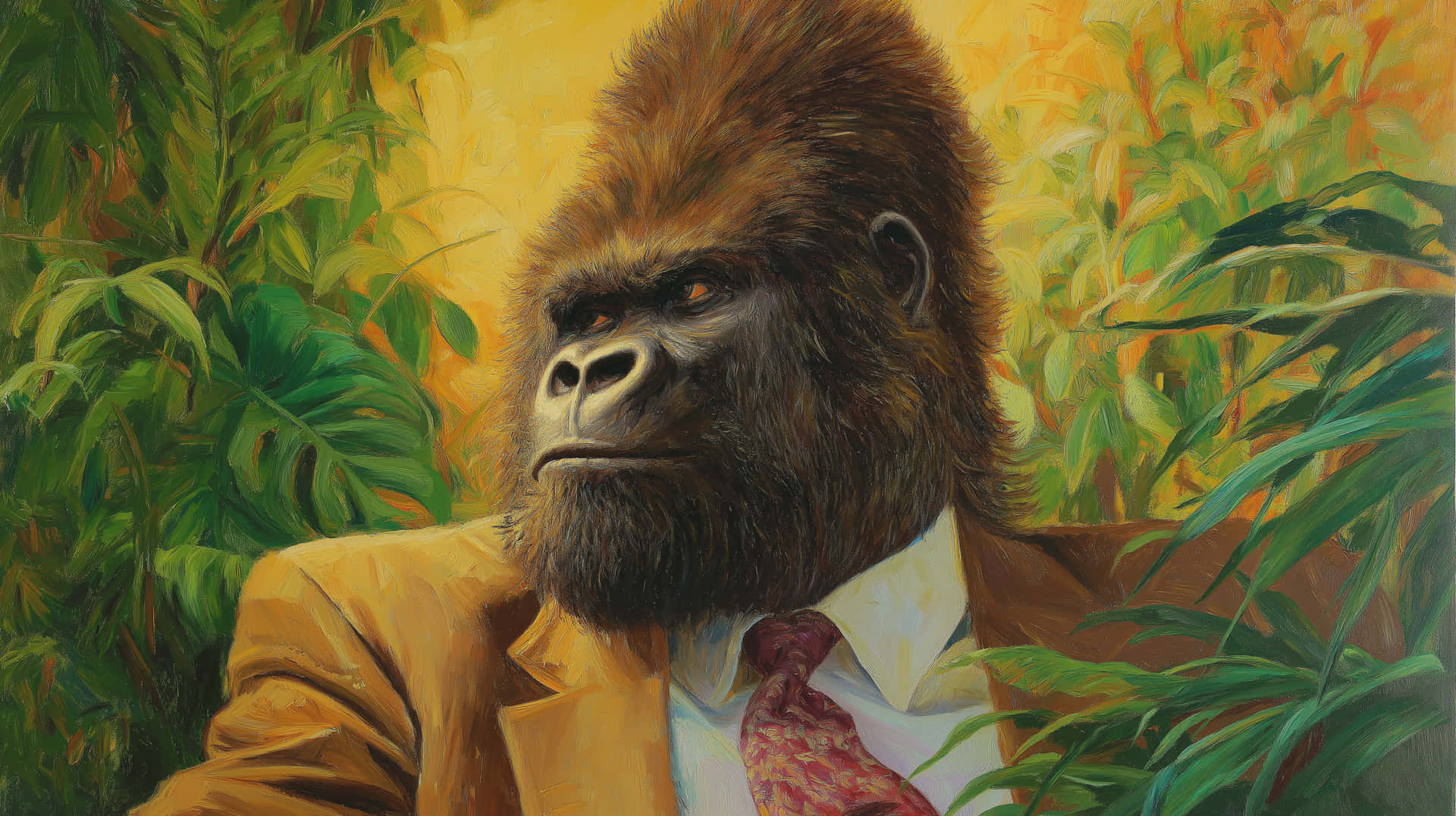 Dapper Gorilla in Suit Amidst Lush Jungle Foliage 壁紙 — 一隻穿著棕褐色西裝和圖案領帶的彩繪大猩猩，在溫暖的金色光線下，莊嚴地坐在茂密的綠色熱帶植物叢中。