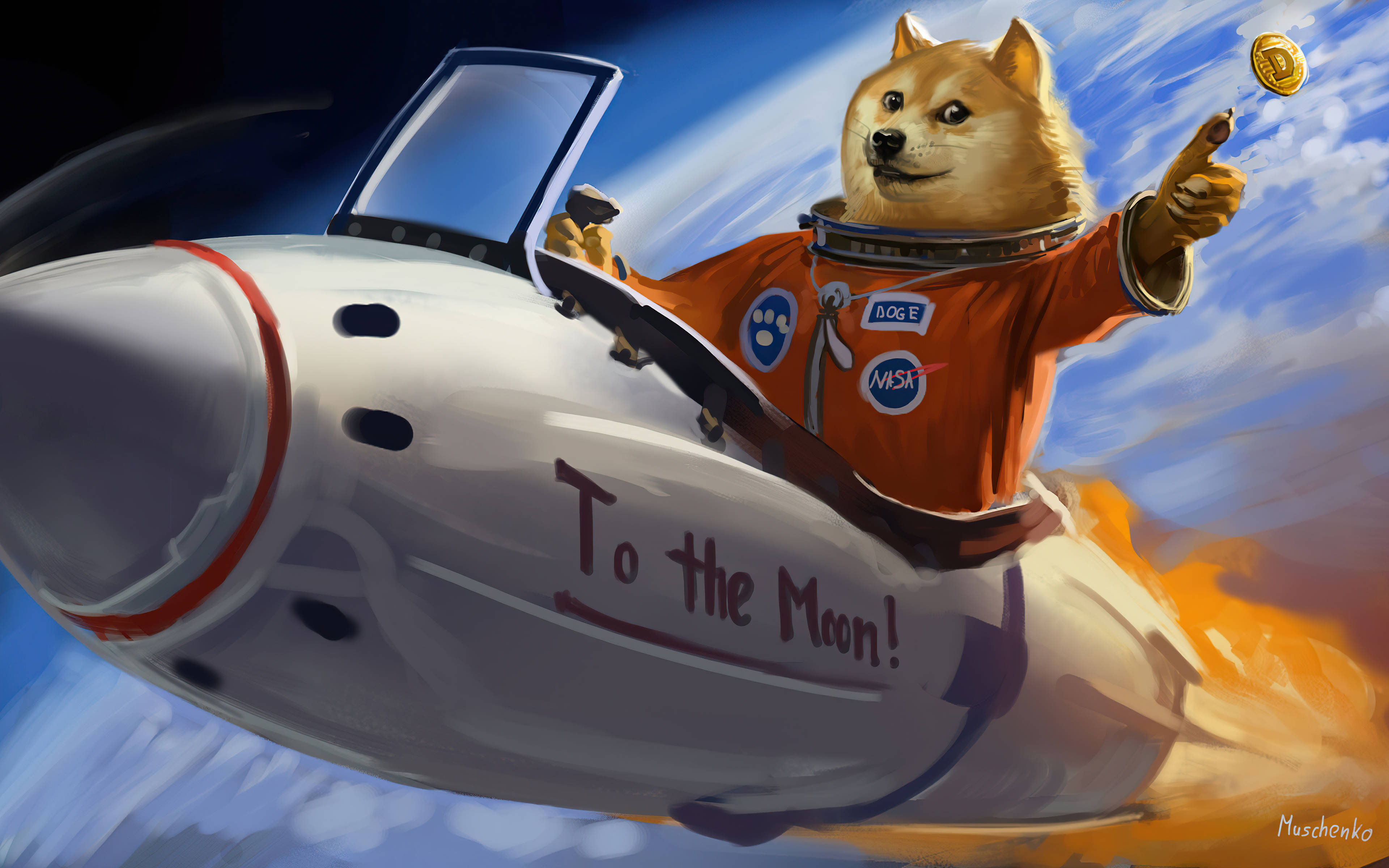 Doge 桌布 壁紙 — 一隻穿著橙色太空衣的柴犬太空人，愉快地駕駛著寫有「To the Moon」的火箭，穿過藍天，噴出火焰般的廢氣。