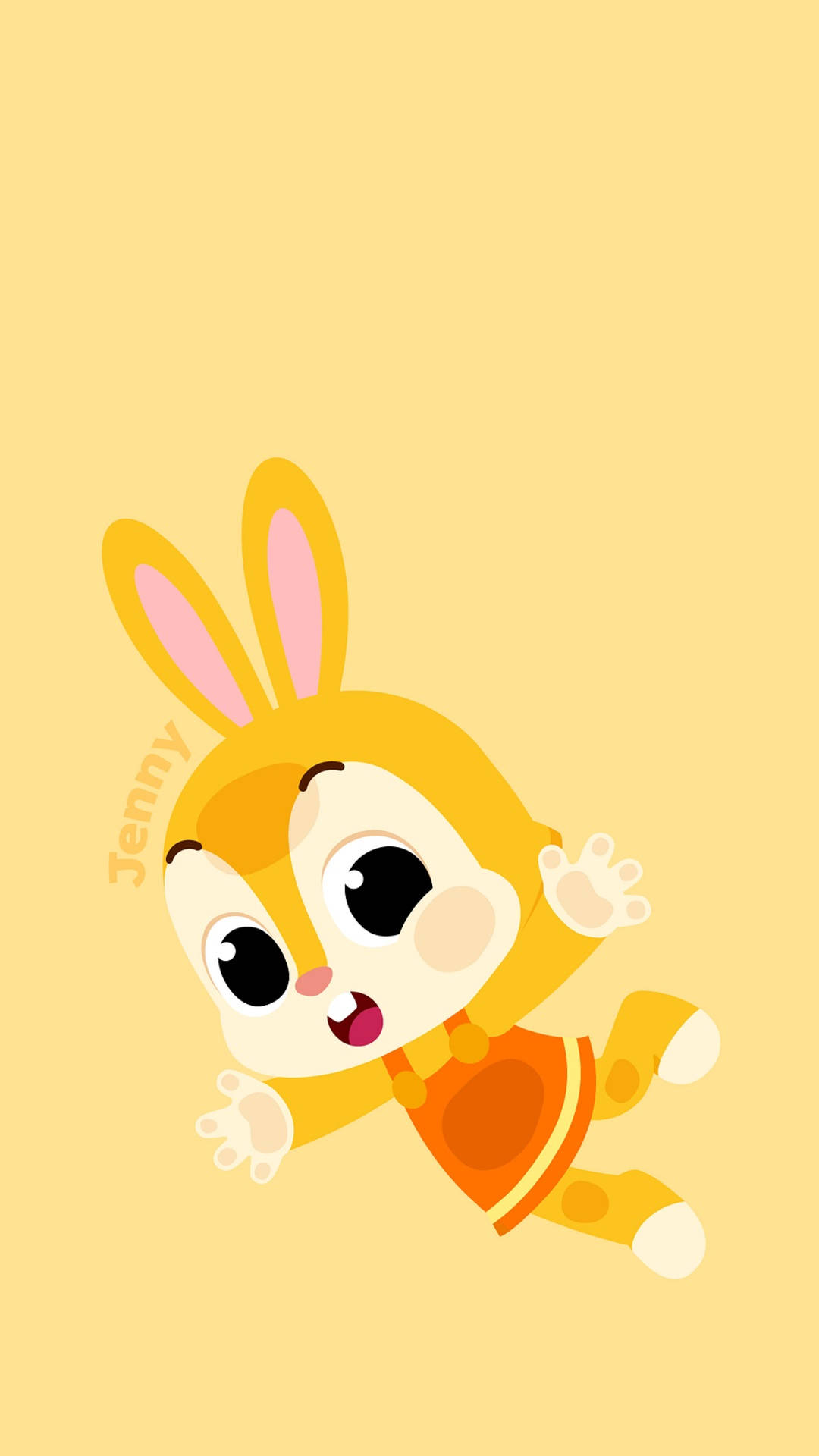 Pinkfong 桌布 壁紙 — 一隻穿著橙色服裝的快樂卡通兔，在純黃色背景上歡快地跳躍。