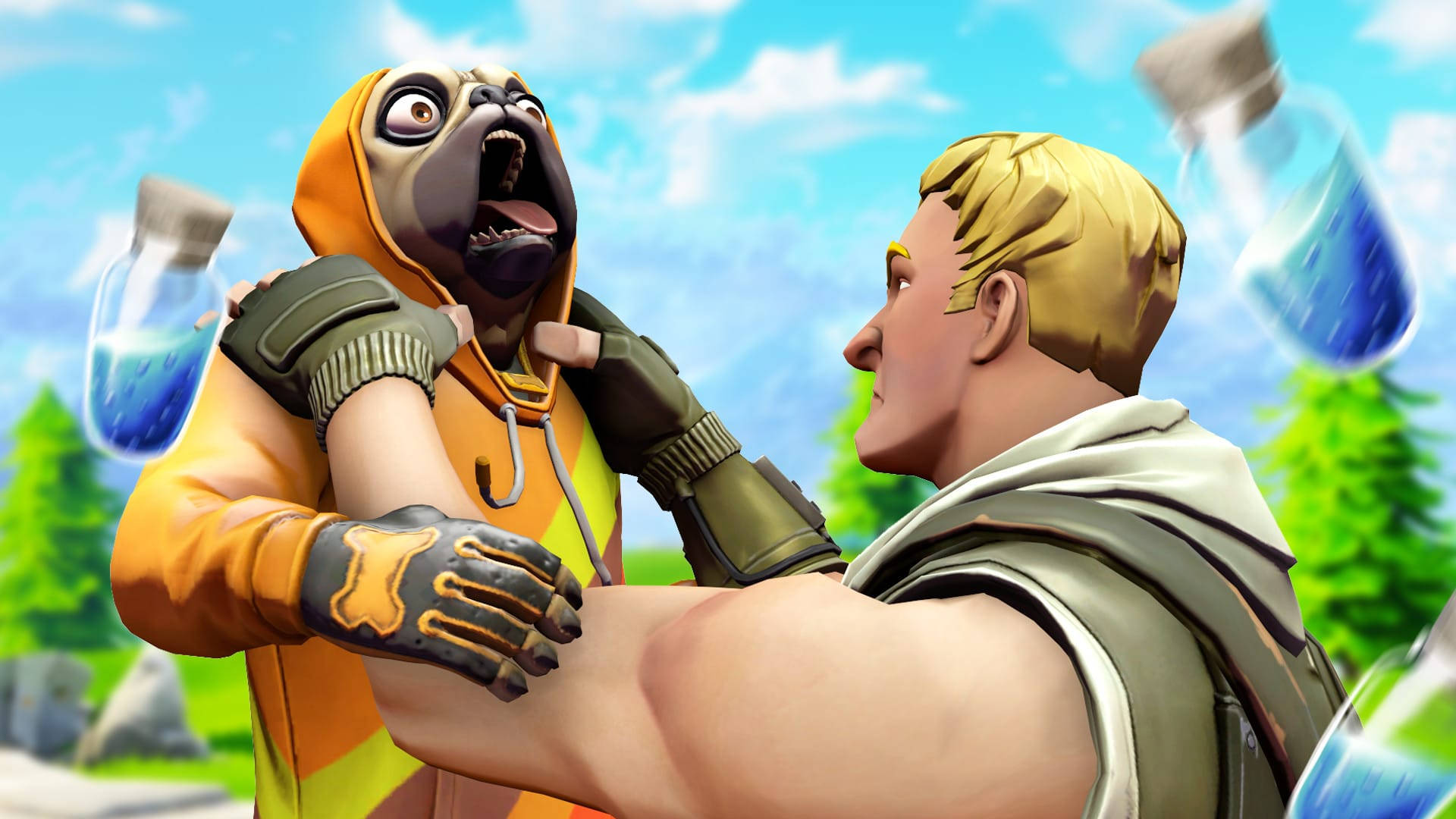 Fortnite 縮圖 桌布 壁紙 — 一隻穿著橙色連帽衫的卡通哈巴狗，被一個肌肉發達的金髮男子抱著，周圍漂浮著藥水瓶，背景是明亮的戶外環境。