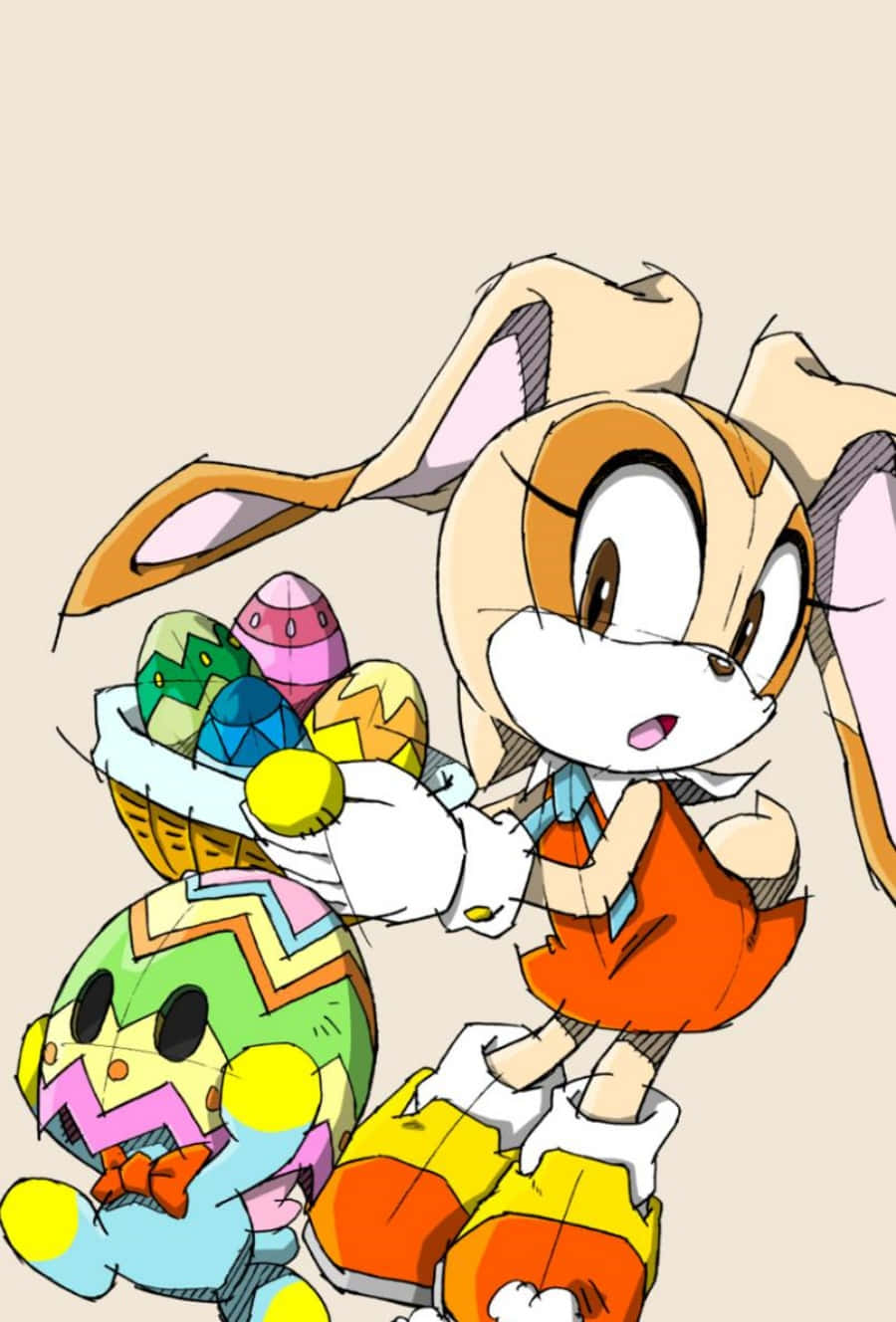 Cream The Rabbit 桌布 壁紙 — 一隻穿著橙色連衣裙的開心動漫兔拿著一籃色彩繽紛圖案的復活節蛋，而一個戴著蝴蝶結的小蛋形生物抬頭看著。