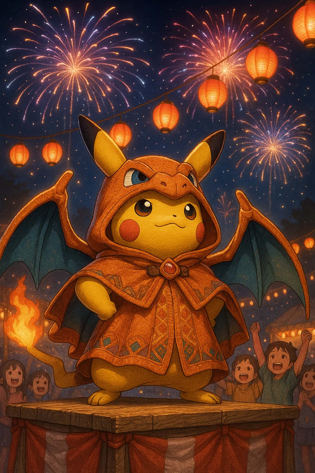 Pikachu HD Wallpaper WEBP 4K Background Download 壁紙 — 一隻穿著橙色龍頭斗篷的皮卡丘站在舞台上，煙火和燈籠在頭頂綻放，孩子們在台下歡呼。