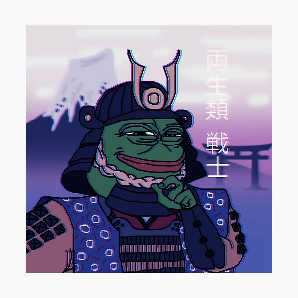 Pepe 桌布 壁紙 — 一隻穿著武士盔甲的綠色青蛙在紫色暮色背景下對著富士山和鳥居得意地微笑。