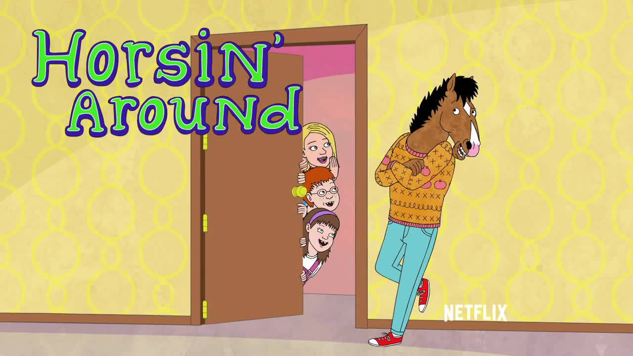 bojack 桌布 壁紙 — 一隻穿著毛衣的卡通馬站在門邊，三個孩子帶著驚訝的表情探出頭來。