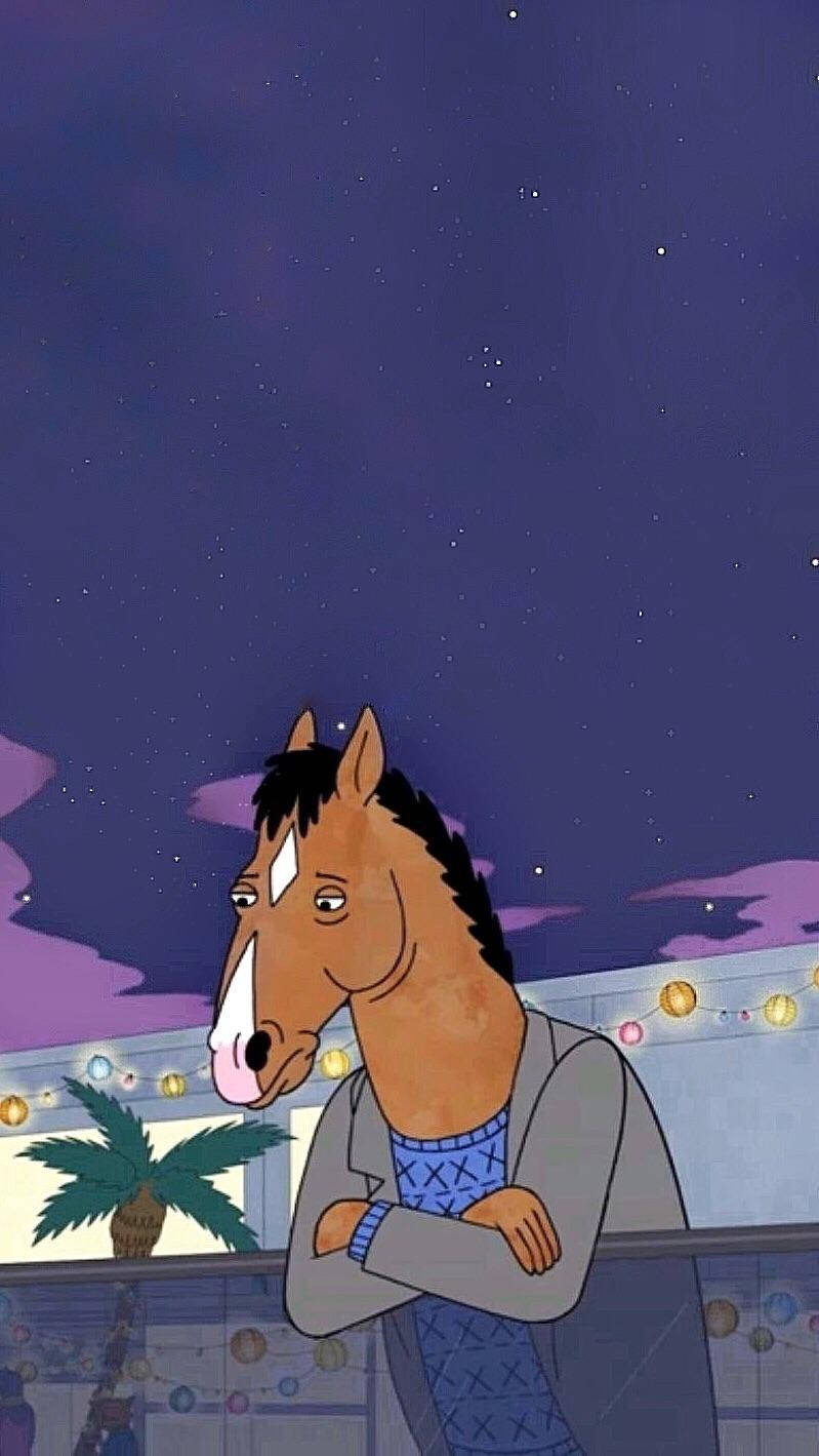 bojack 桌布 壁紙 — 一隻穿著毛衣的卡通馬站在陽台上，背景是繁星點點的紫色夜空，掛著燈串和一棵棕櫚樹。