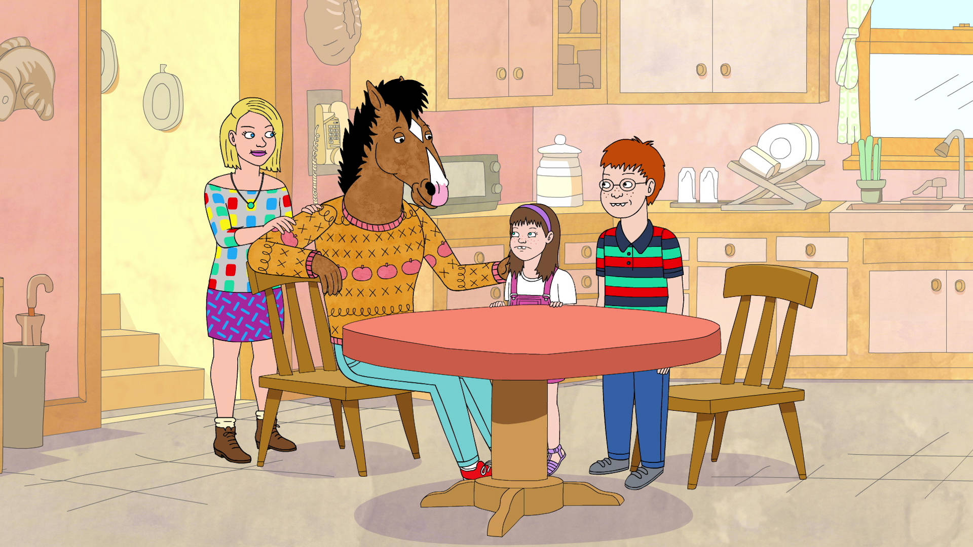 bojack 桌布 壁紙 — 一隻穿著毛衣的卡通馬與三個小孩坐在廚房桌旁，房間燈光溫暖。