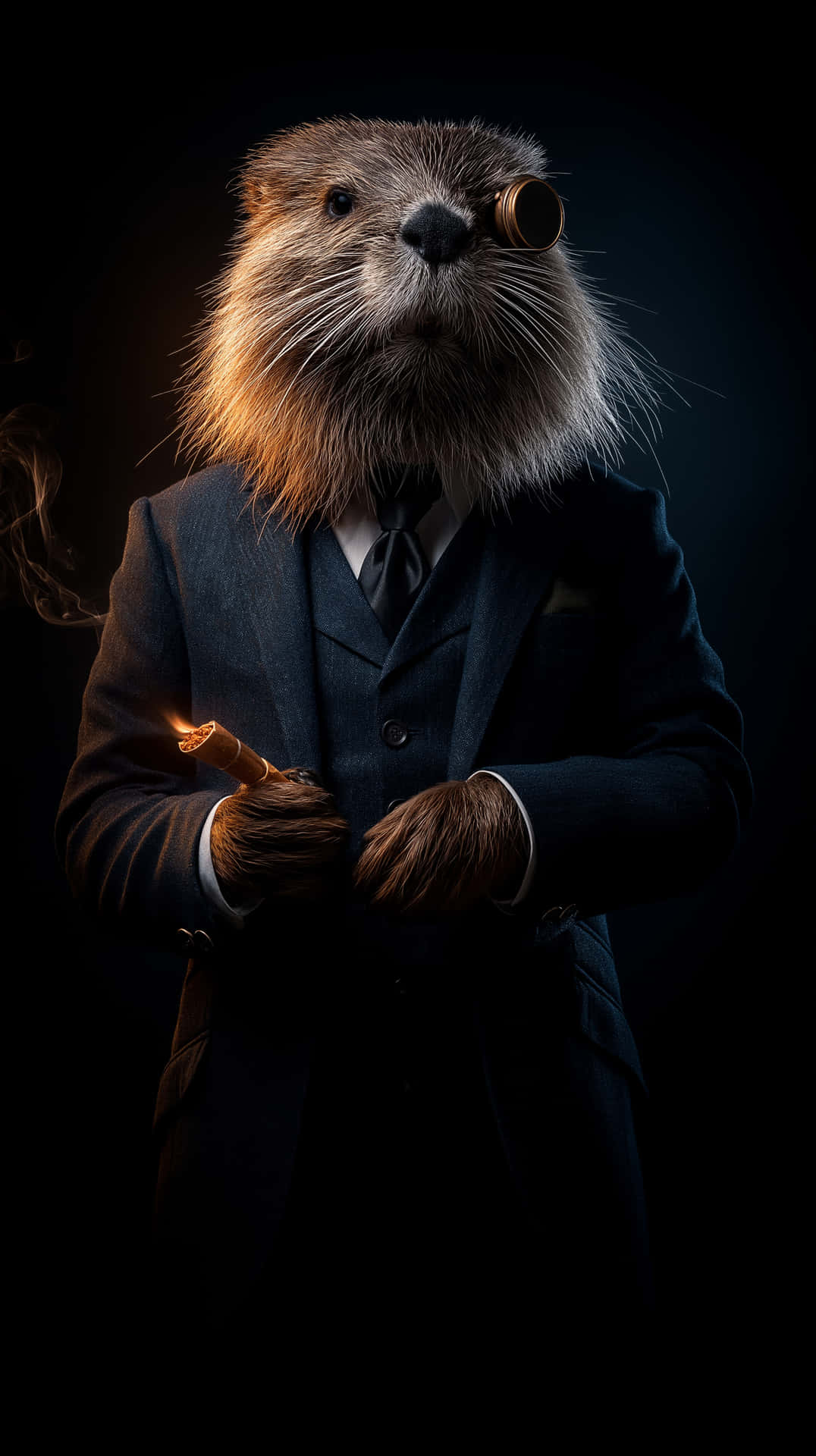 Dapper Beaver in Suit with Monocle and Cigar Portrait 壁紙 — 一隻穿著深色西裝的時尚水獺，鼻子上架著單片眼鏡，在黑色背景前叼著點燃的雪茄。