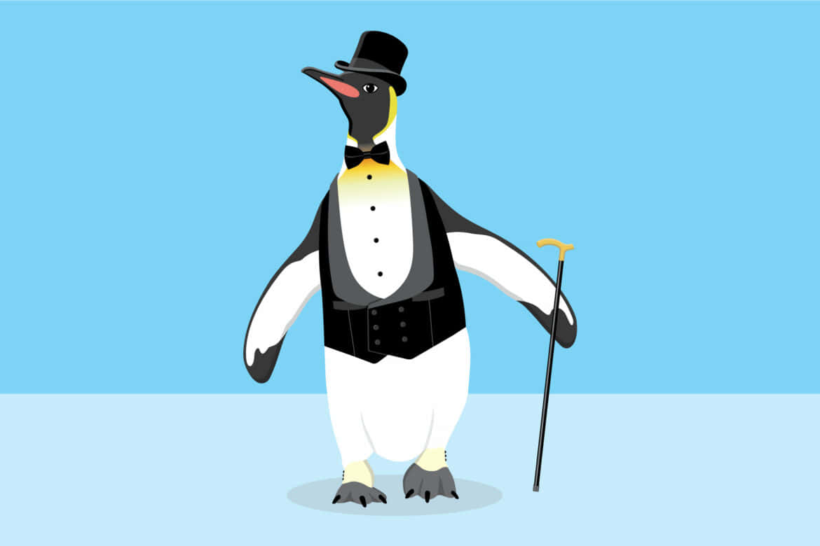 Penguin Funny 桌布 壁紙 — 一隻穿著燕尾服、戴高帽、持手杖的時髦企鵝，在柔和的藍色漸變背景前擺好姿勢。
