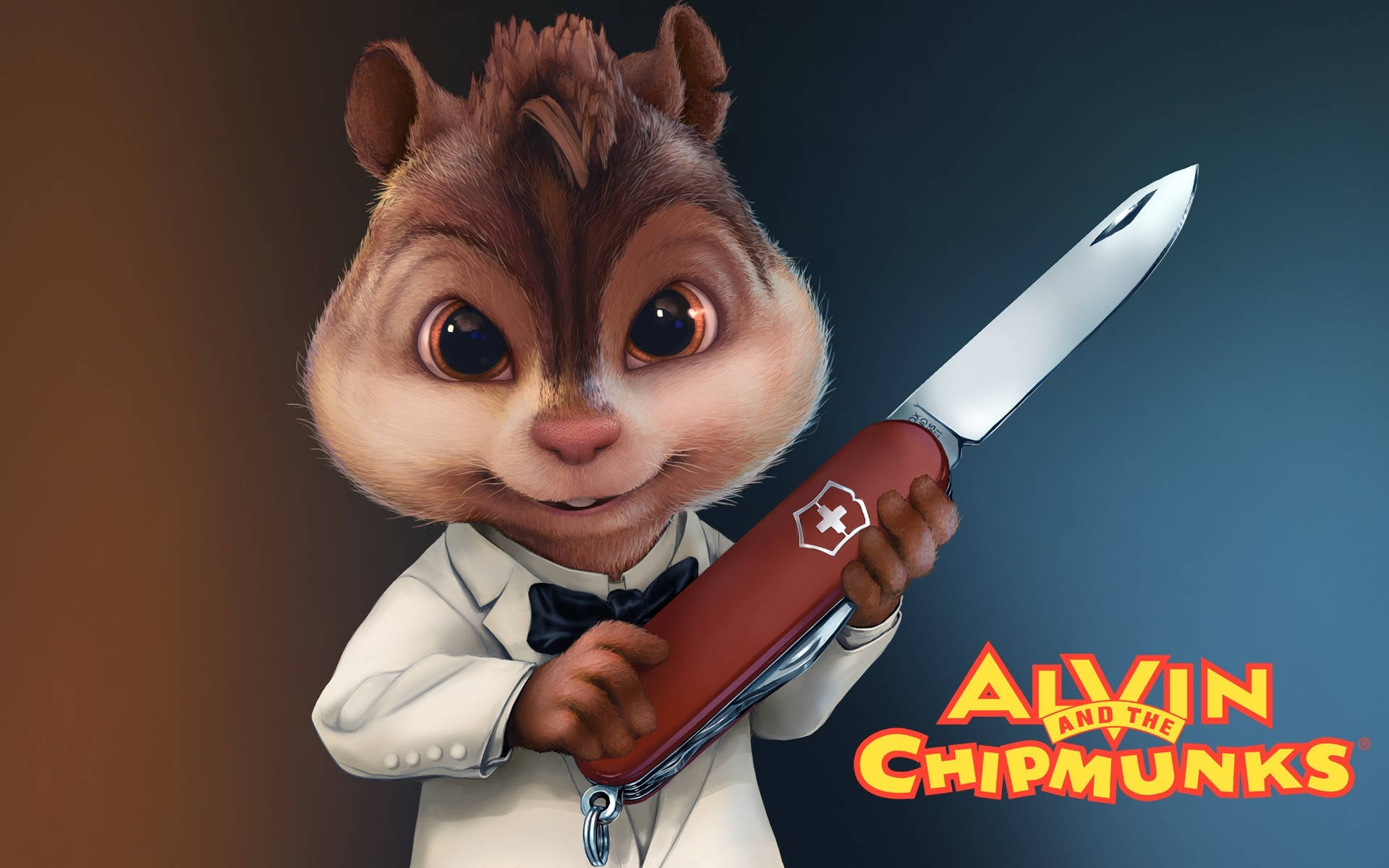 Chipmunks 桌布 壁紙 — 一隻穿著燕尾服的卡通花栗鼠在漸層背景前拿著一把紅色瑞士刀，背景上有阿爾文與花栗鼠標誌。