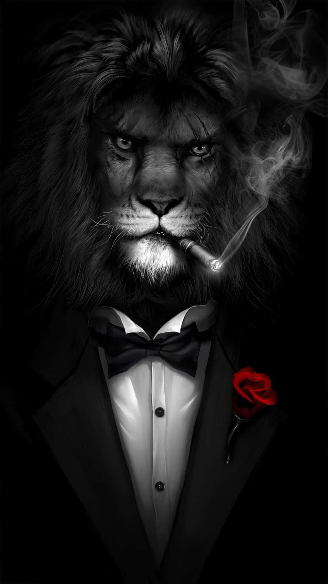 Black Lion 桌布 壁紙 — 一隻穿著燕尾服的威嚴獅子，在深色背景前抽煙，領口別著一朵紅玫瑰。