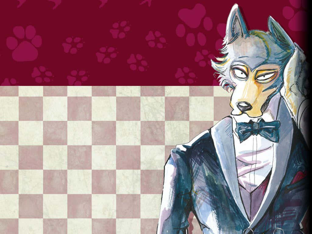 獸星 桌布 壁紙 — 一隻穿著燕尾服的時尚擬人狼站在棋盤格地板和爪印壁紙前。