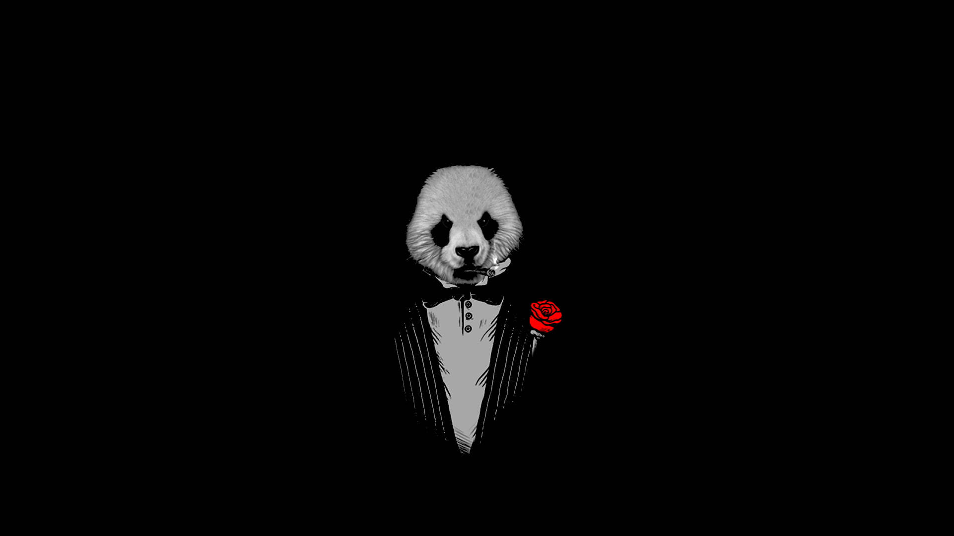 Godfather 桌布 壁紙 — 一隻穿著燕尾服的風格化熊貓在純黑背景上拿著一朵紅玫瑰。