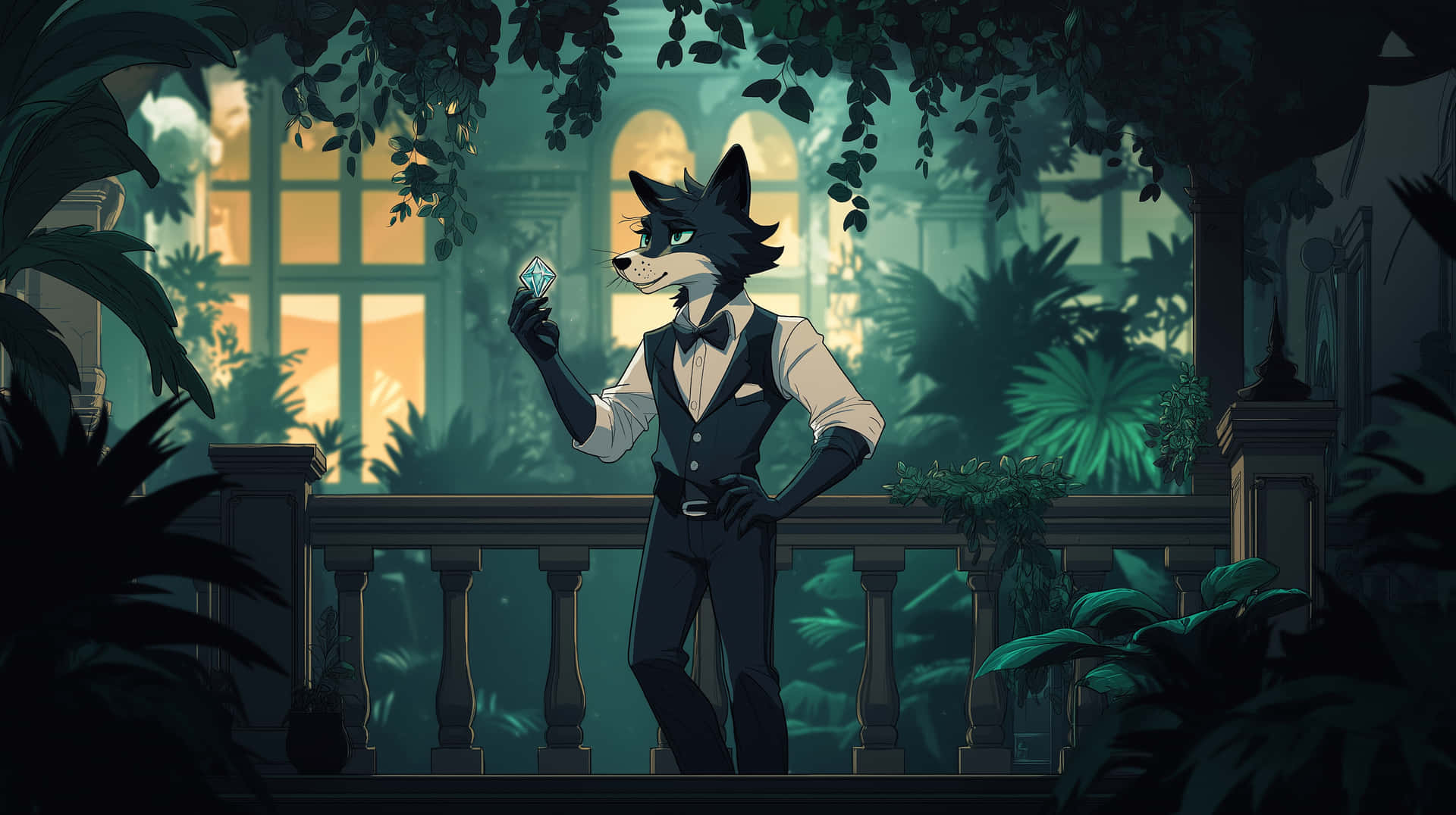 Dapper fox character holding a valuable sparkling gem 壁紙 — 一隻穿著燕尾服的黑色擬人化狐狸站在陽台上，手持發光的水晶，周圍環繞著茂密的叢林葉子。