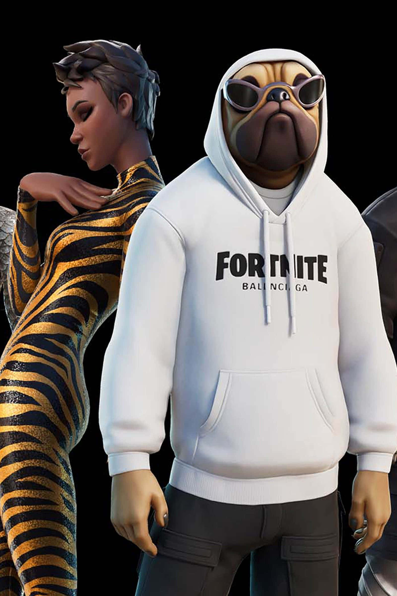 Fortnite Cool 桌布 壁紙 — 一隻穿著白色Fortnite連帽衫和太陽眼鏡的哈巴狗，站在一個穿著虎紋連體衣的人旁邊，背景為黑色。