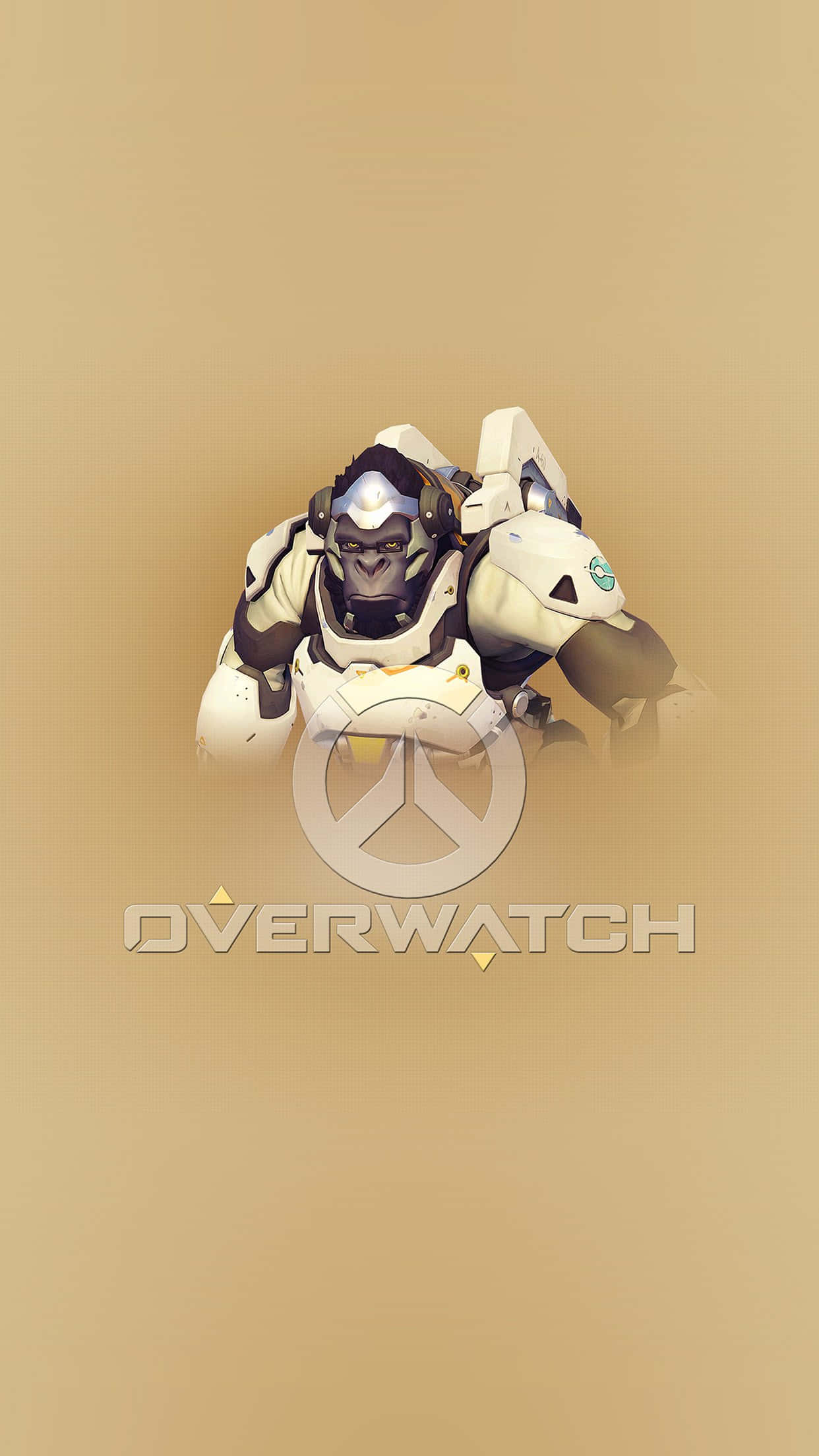 Overwatch Winston 桌布 壁紙 — 一隻穿著白色和黑色未來裝甲的大猩猩蹲在模糊的米色背景上，下方有Overwatch標誌。