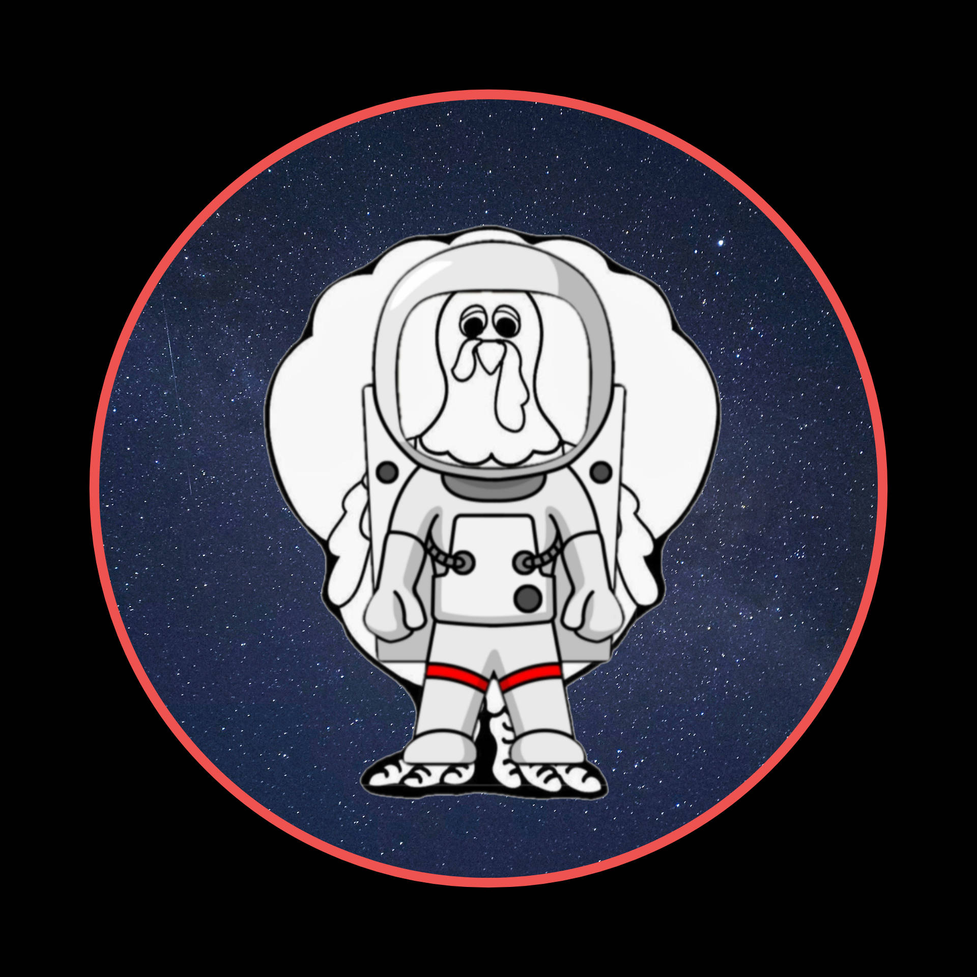 外星人 桌布 壁紙 — 一隻穿著白色太空衣的卡通雞站在紅色圓形框內的星空太空背景前。