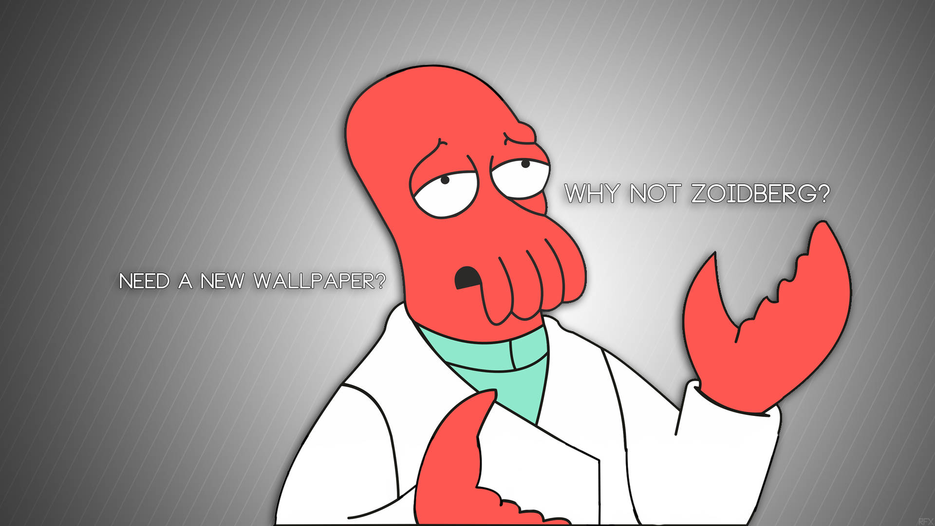 Zoidberg 桌布 壁紙 — 一隻穿著白色實驗袍的紅色龍蝦狀卡通人物，帶著困惑的表情問為什麼不是Zoidberg。