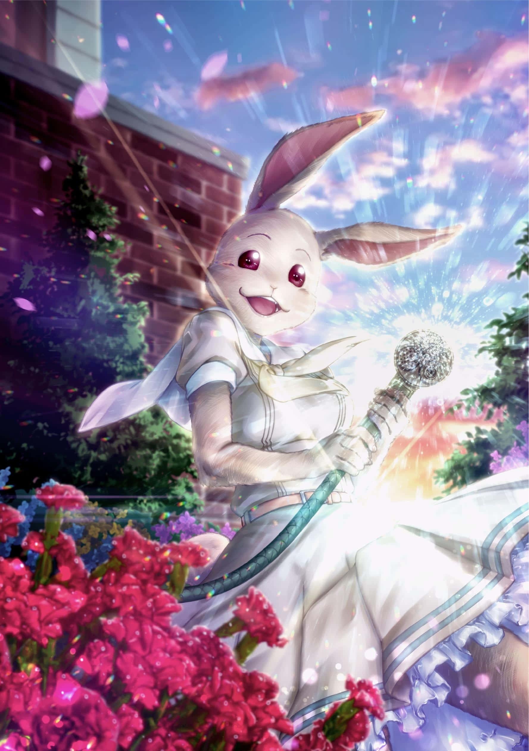獸星 桌布 壁紙 — 一隻穿著白色水手服的開心動漫兔，在燦爛的日落天空下，盛開的粉紅色花朵中拿著閃閃發光的麥克風。