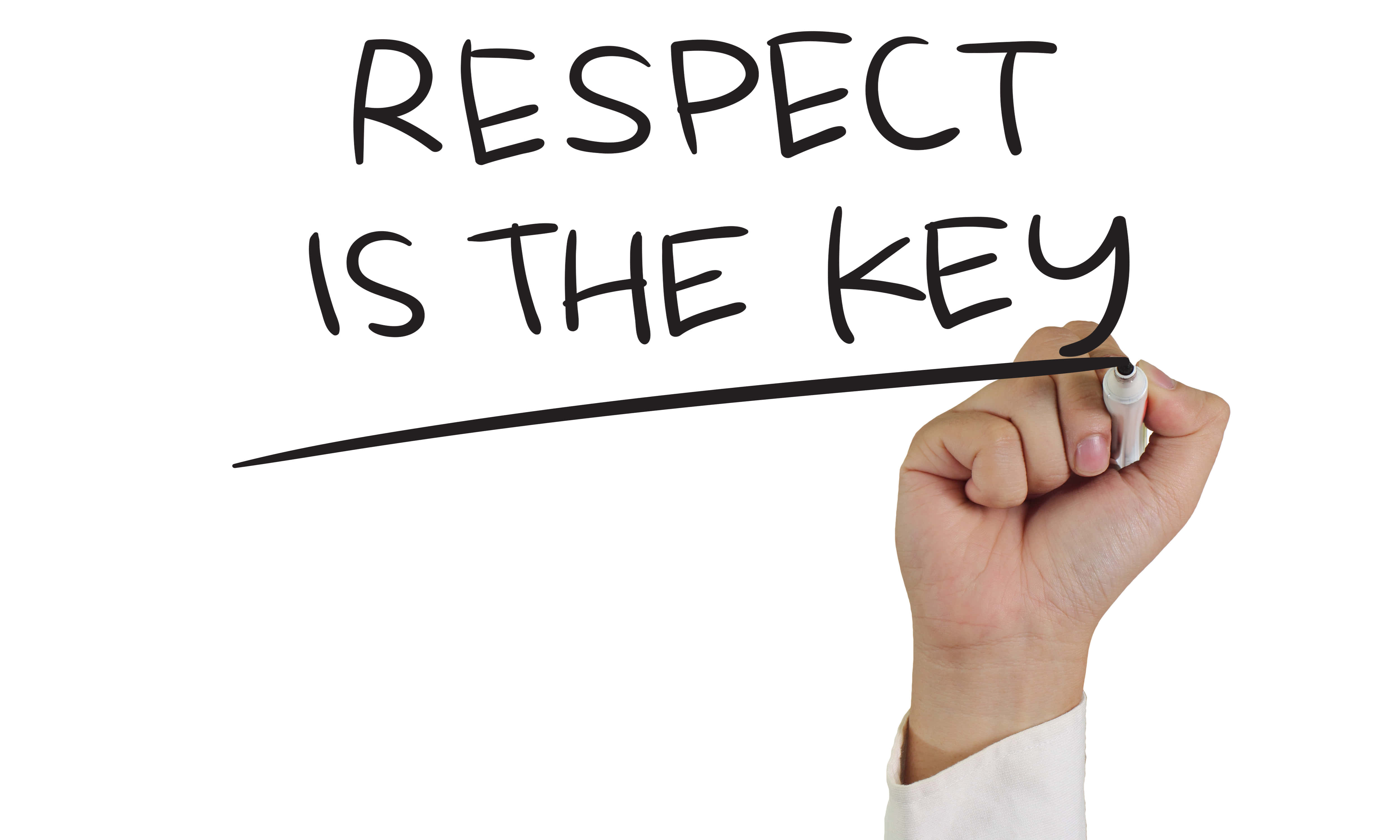 Respect 桌布 壁紙 — 一隻穿著白色袖子的手在清晰的白色板上用粗黑色馬克筆寫著「RESPECT IS THE KEY」。