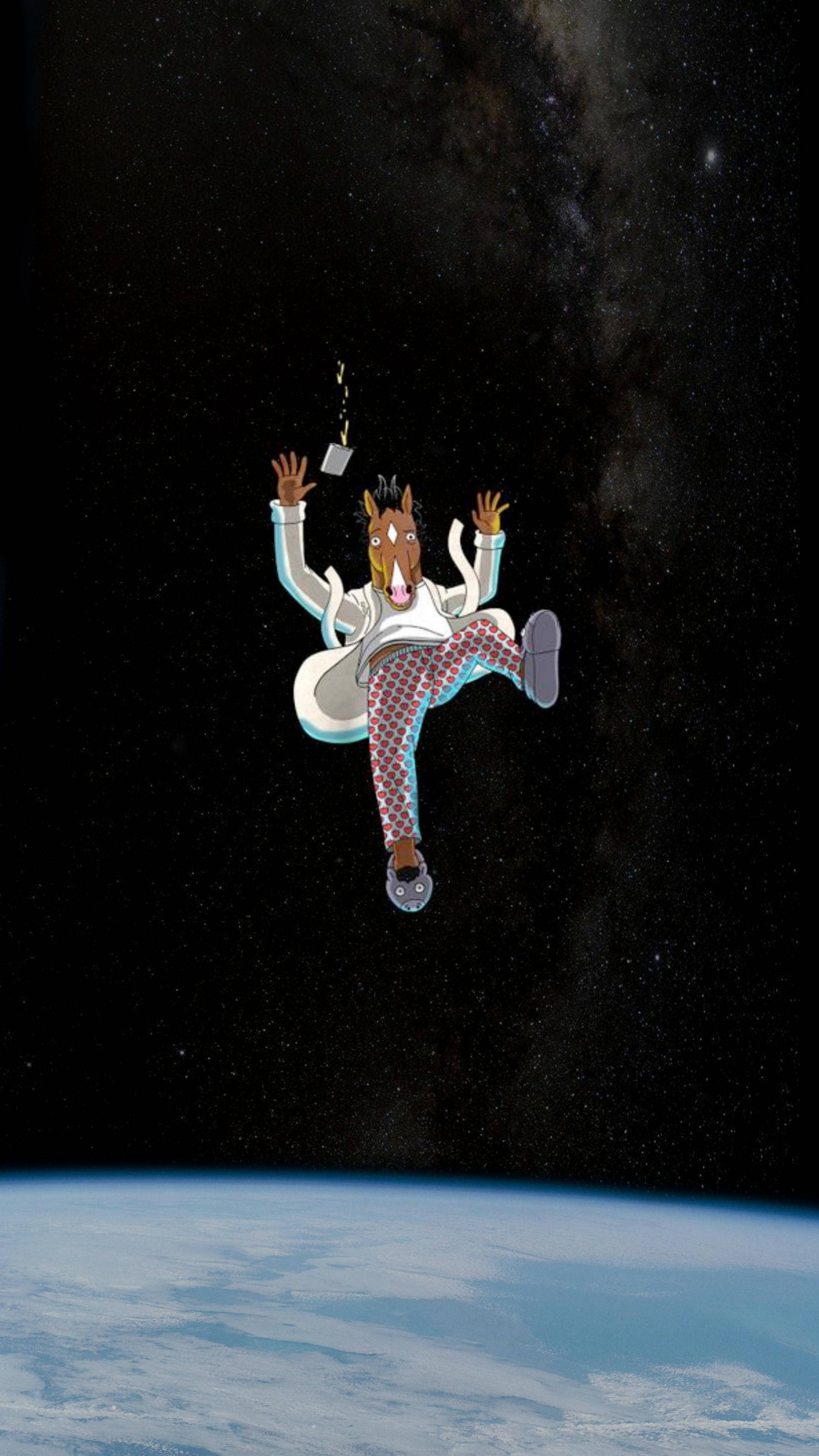 bojack 桌布 壁紙 — 一隻穿著白色西裝的卡通馬在地球上方的太空中快樂地漂浮，背後有星星和銀河。