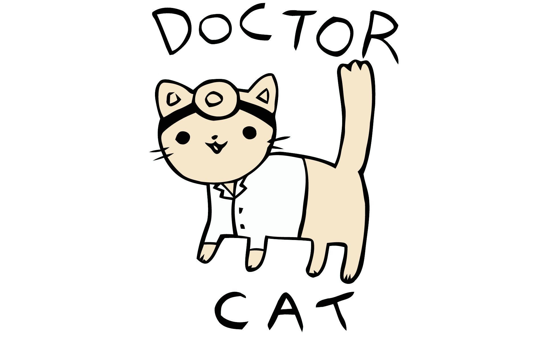 一隻微笑的卡通貓穿著醫生袍和聽診器，上下方有文字「DOCTOR CAT」，正在揮手。 — 醫生 GIF 壁紙